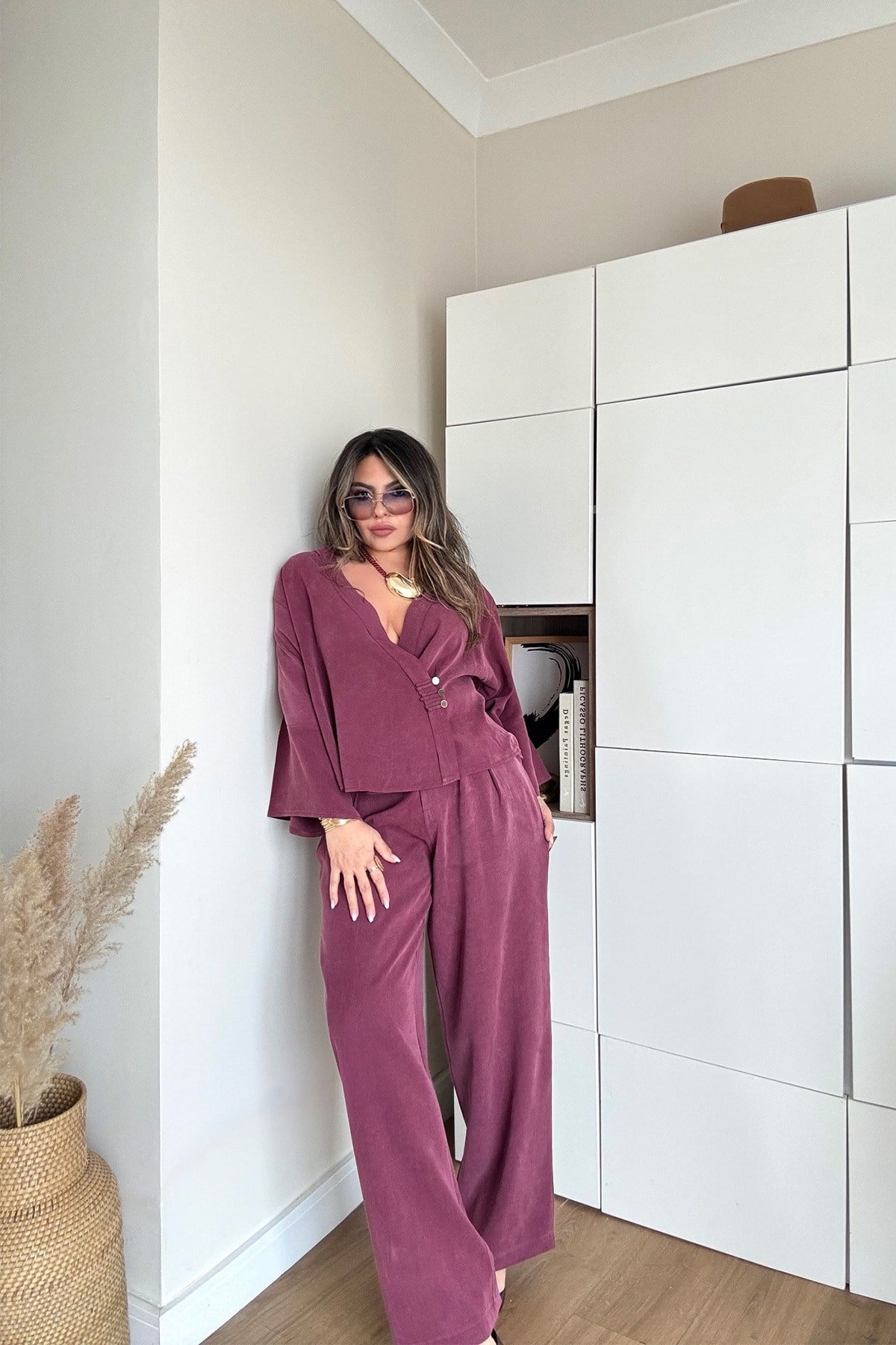 Massi Model Yıkamalı Kimono Model Takım Bordo