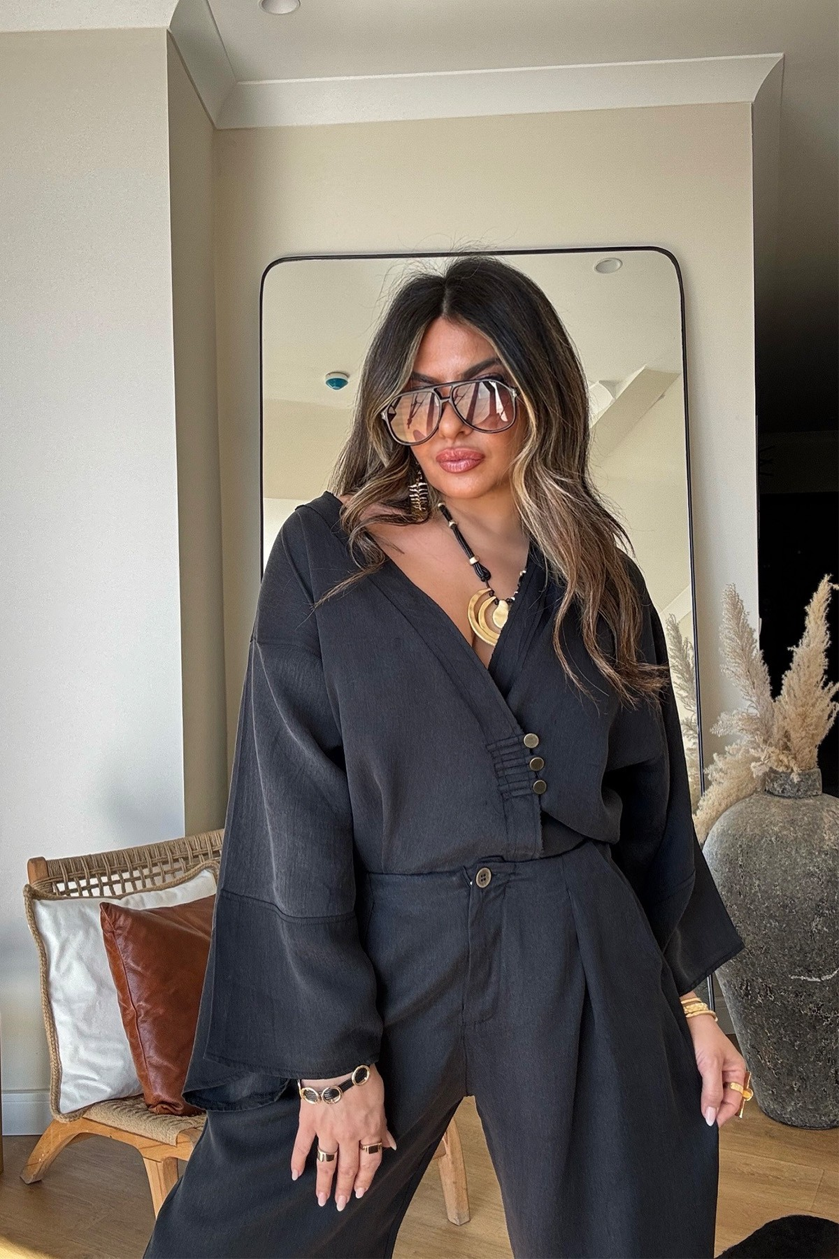 Massi Model Yıkamalı Kimono Model Takım Siyah