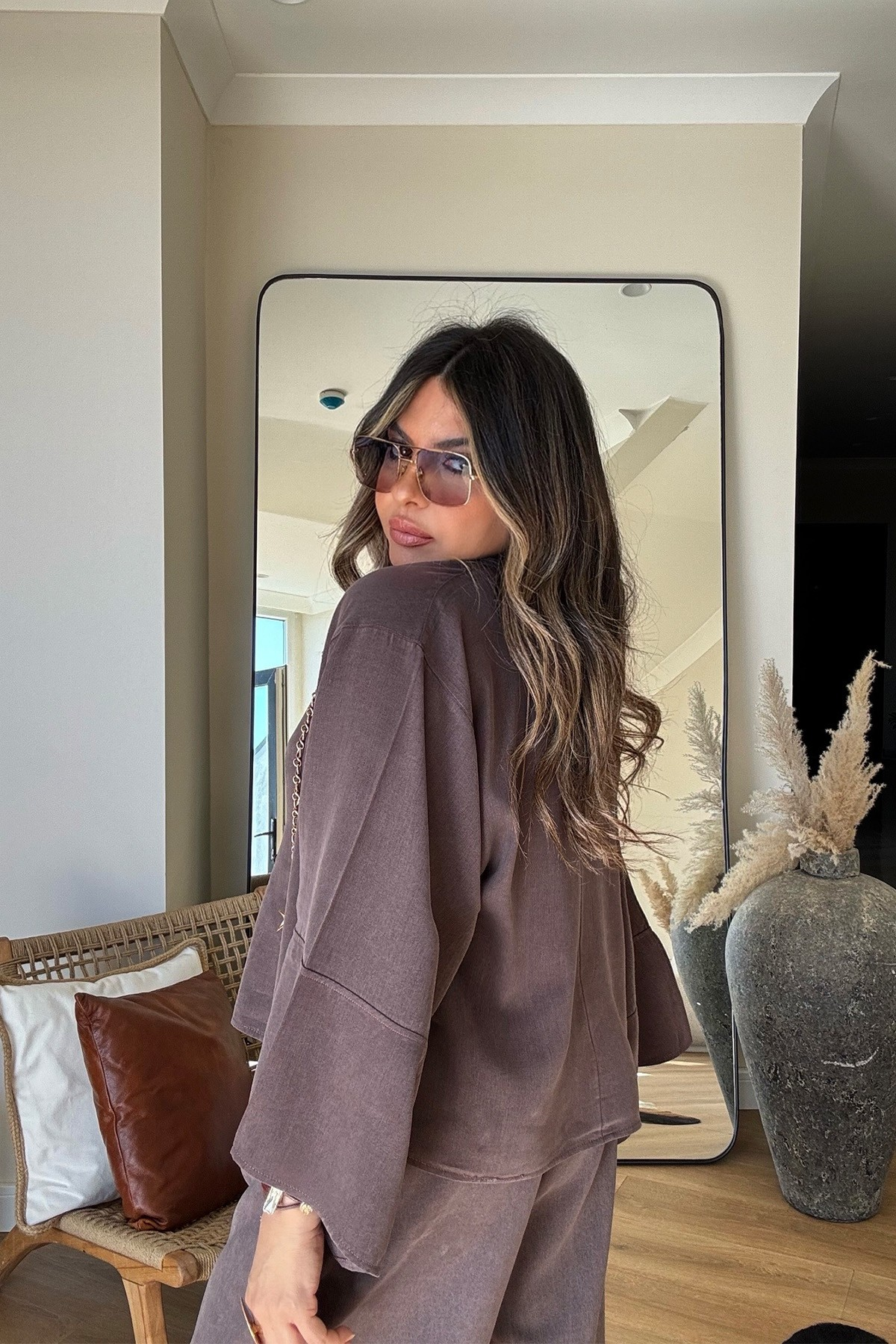 Massi Model Yıkamalı Kimono Model Takım Kahverengi