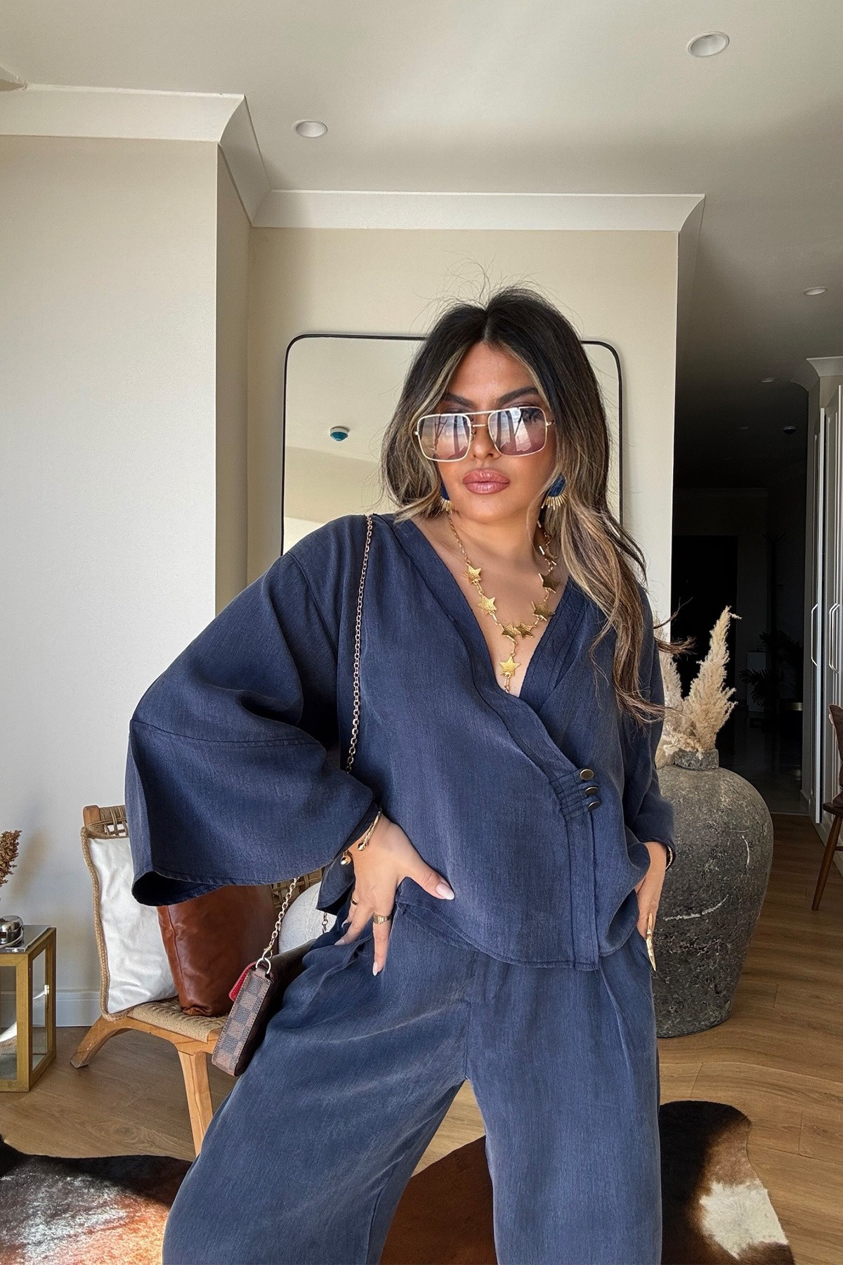 Massi Model Yıkamalı Kimono Model Takım Lacivert
