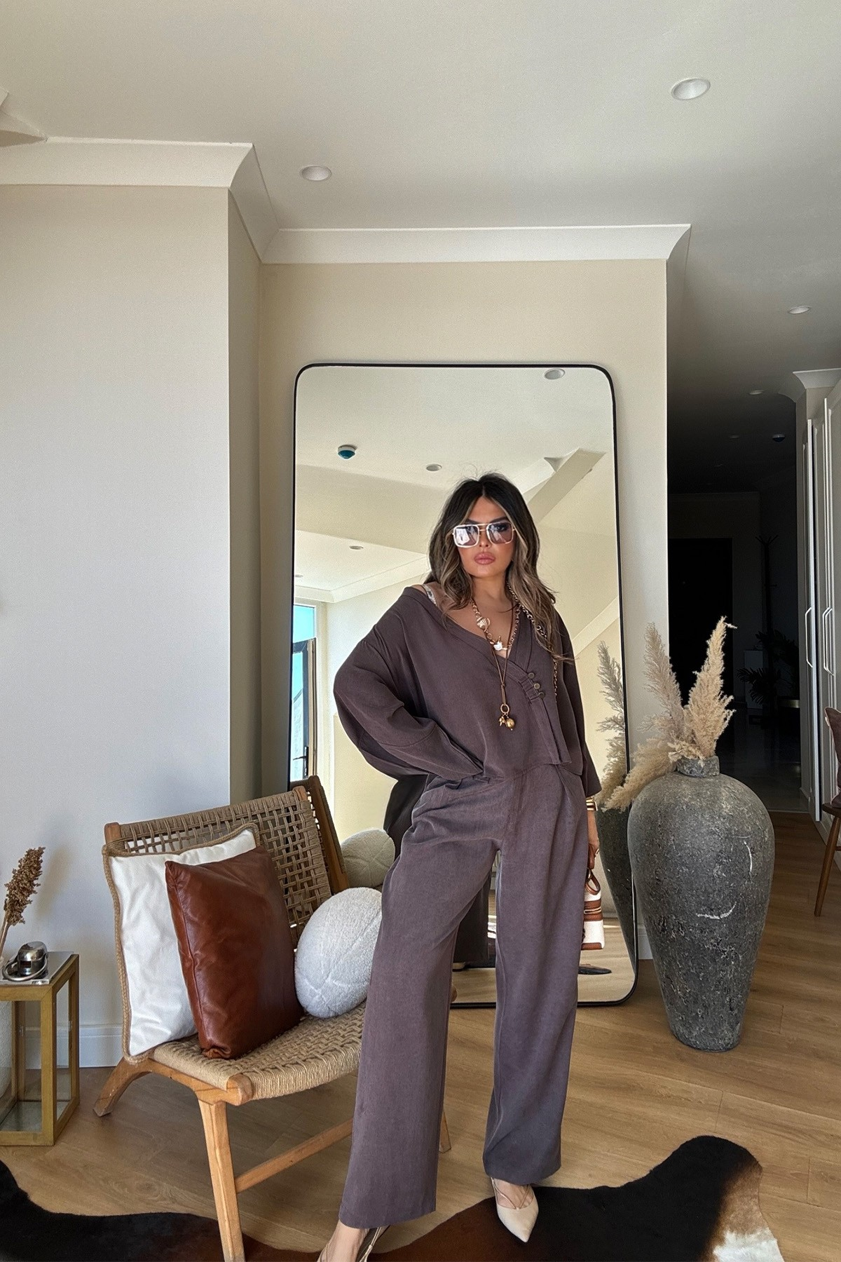 Massi Model Yıkamalı Kimono Model Takım Kahverengi
