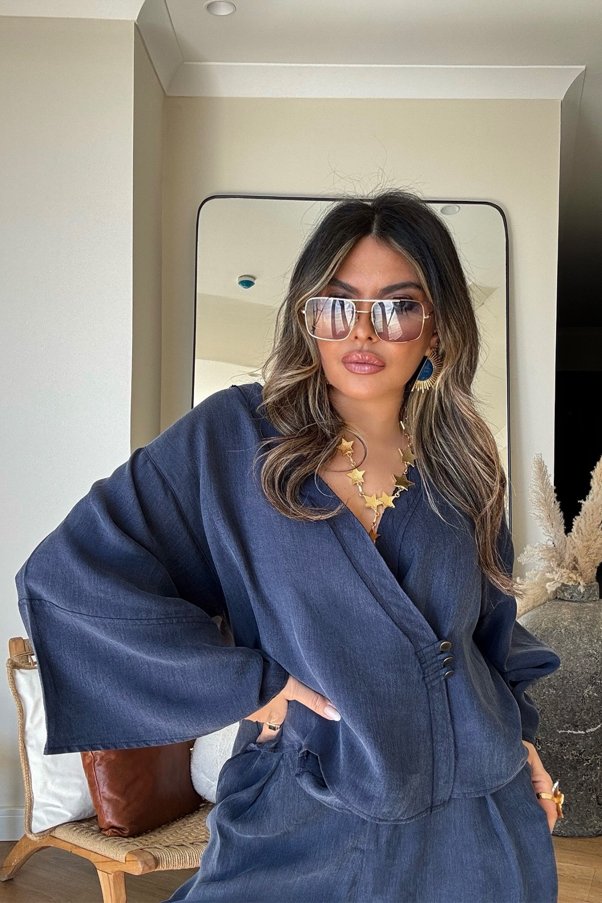 Massi Model Yıkamalı Kimono Model Takım Lacivert