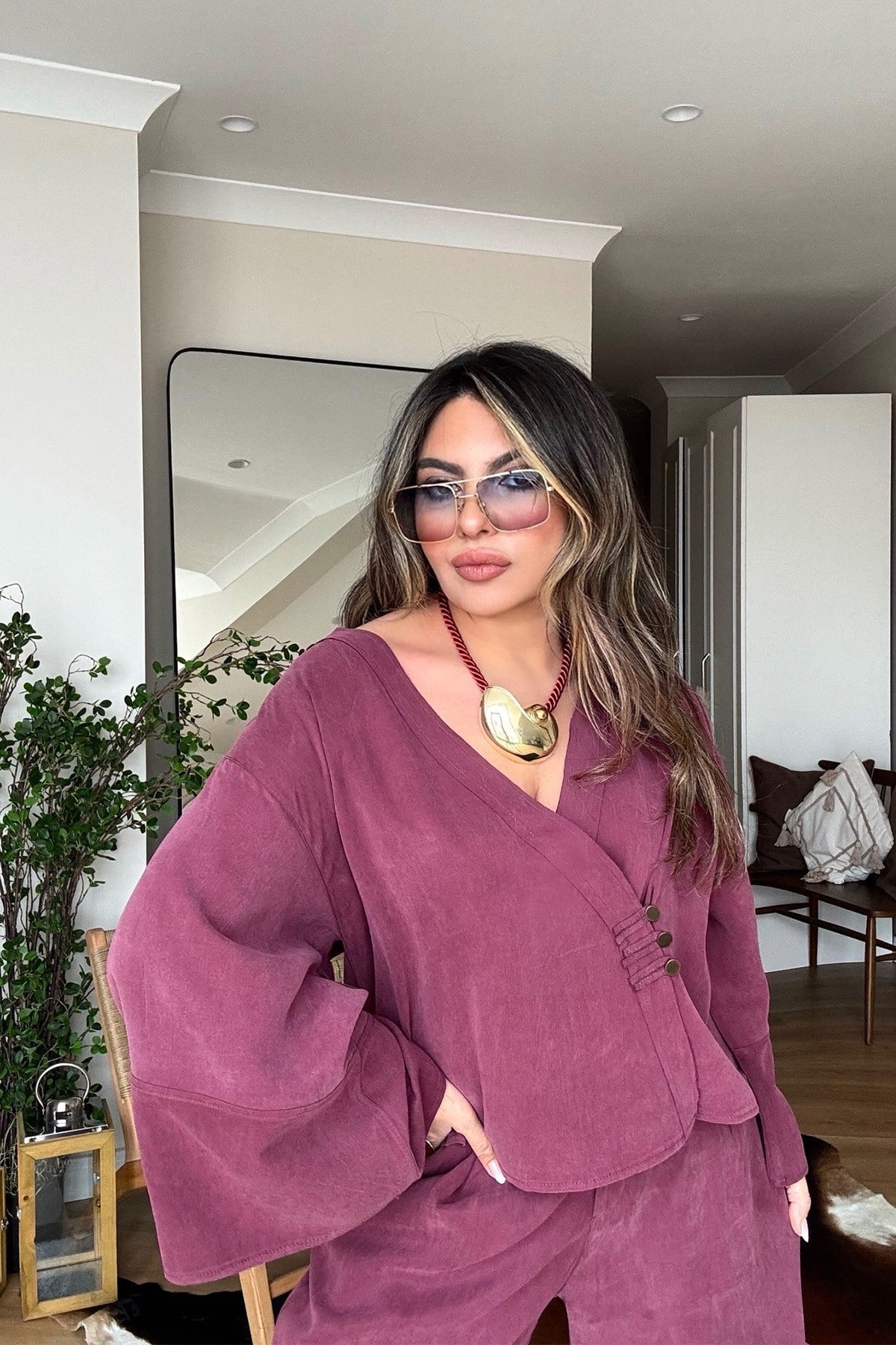 Massi Model Yıkamalı Kimono Model Takım Bordo