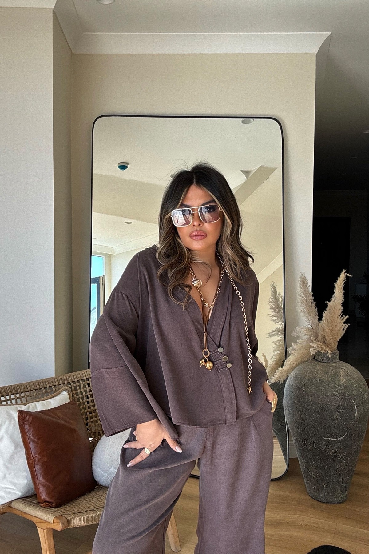 Massi Model Yıkamalı Kimono Model Takım Kahverengi