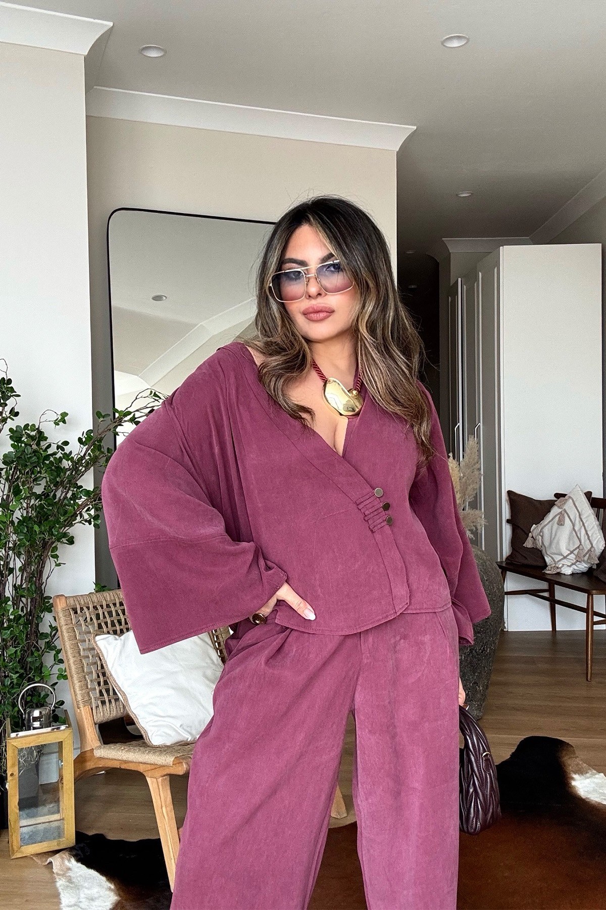 Massi Model Yıkamalı Kimono Model Takım Bordo