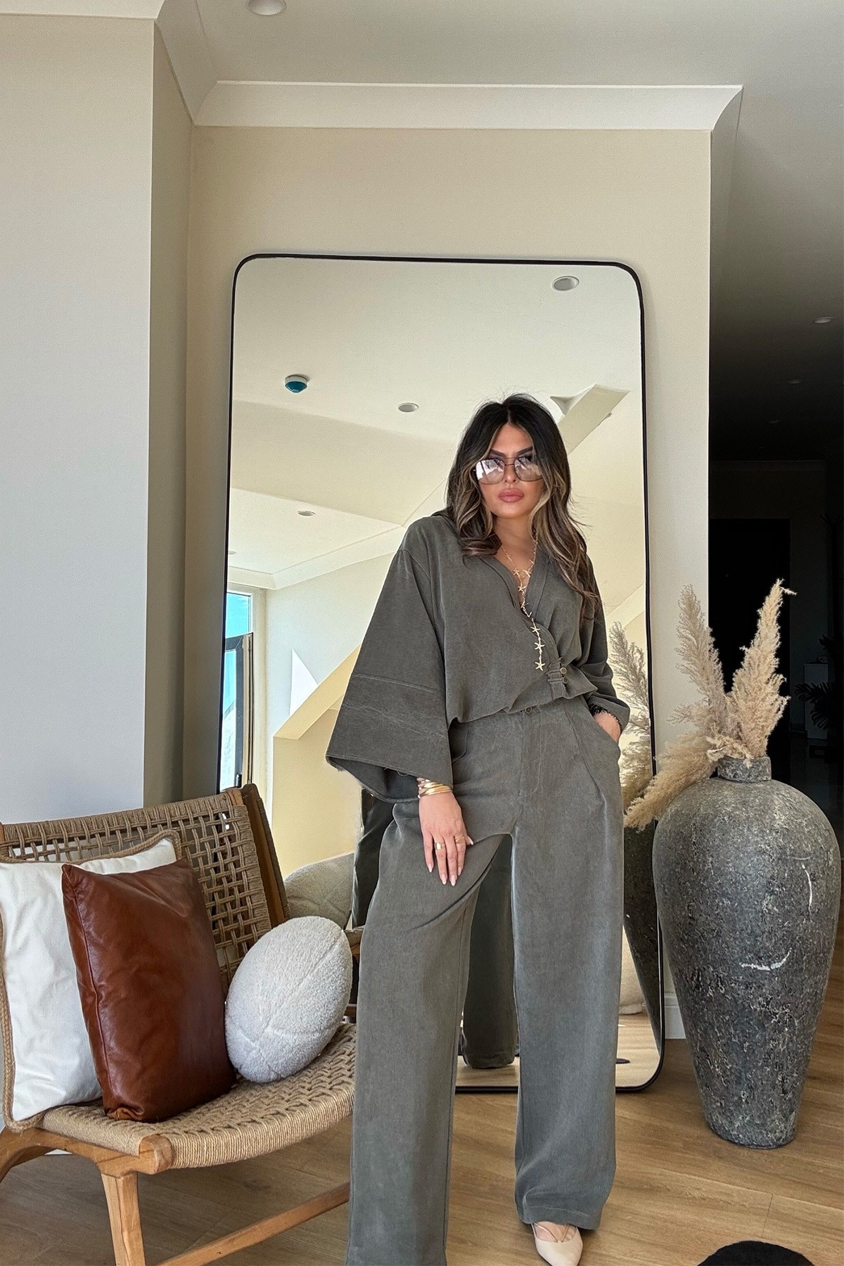 Massi Model Yıkamalı Kimono Model Takım Haki