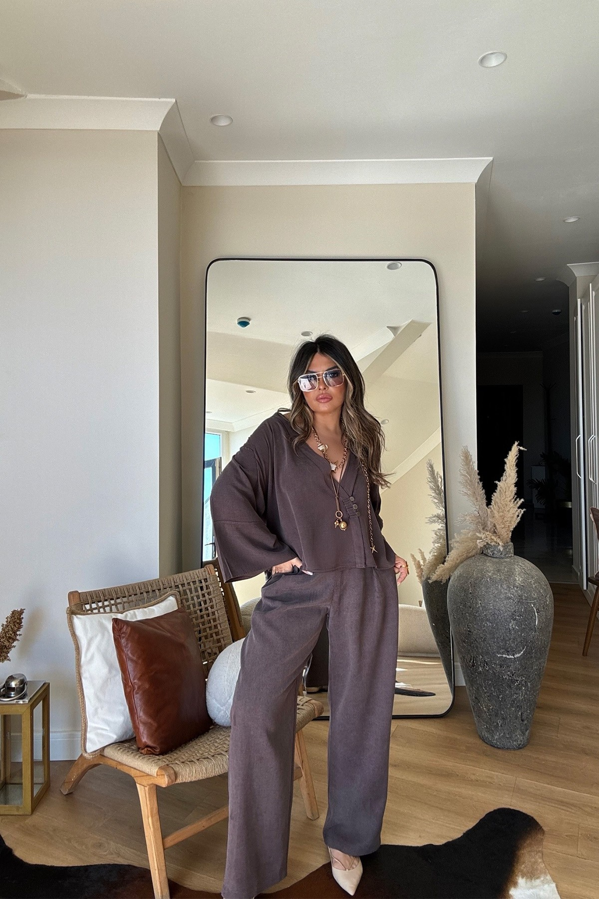 Massi Model Yıkamalı Kimono Model Takım Kahverengi