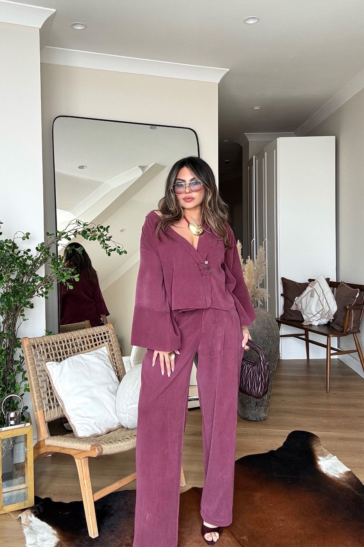 Massi Model Yıkamalı Kimono Model Takım Bordo