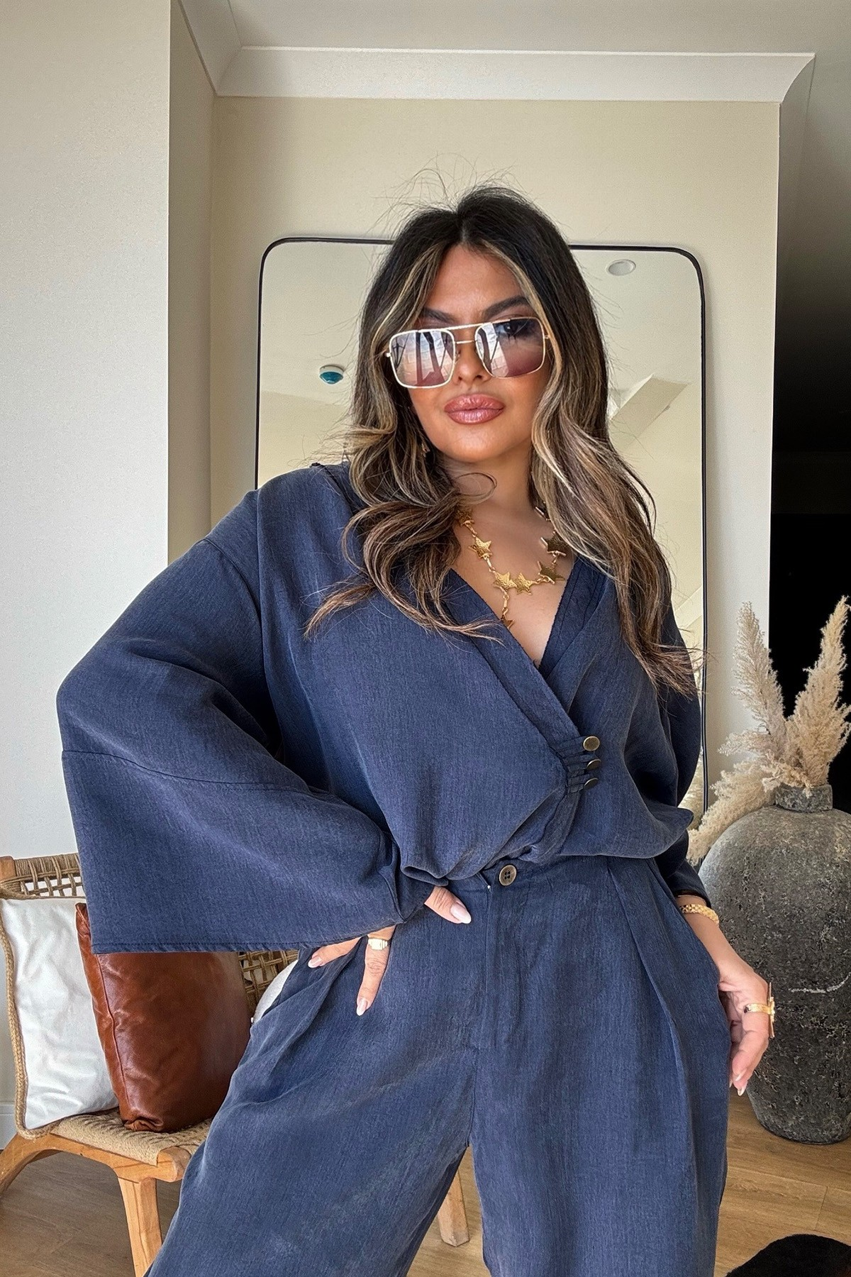 Massi Model Yıkamalı Kimono Model Takım Lacivert