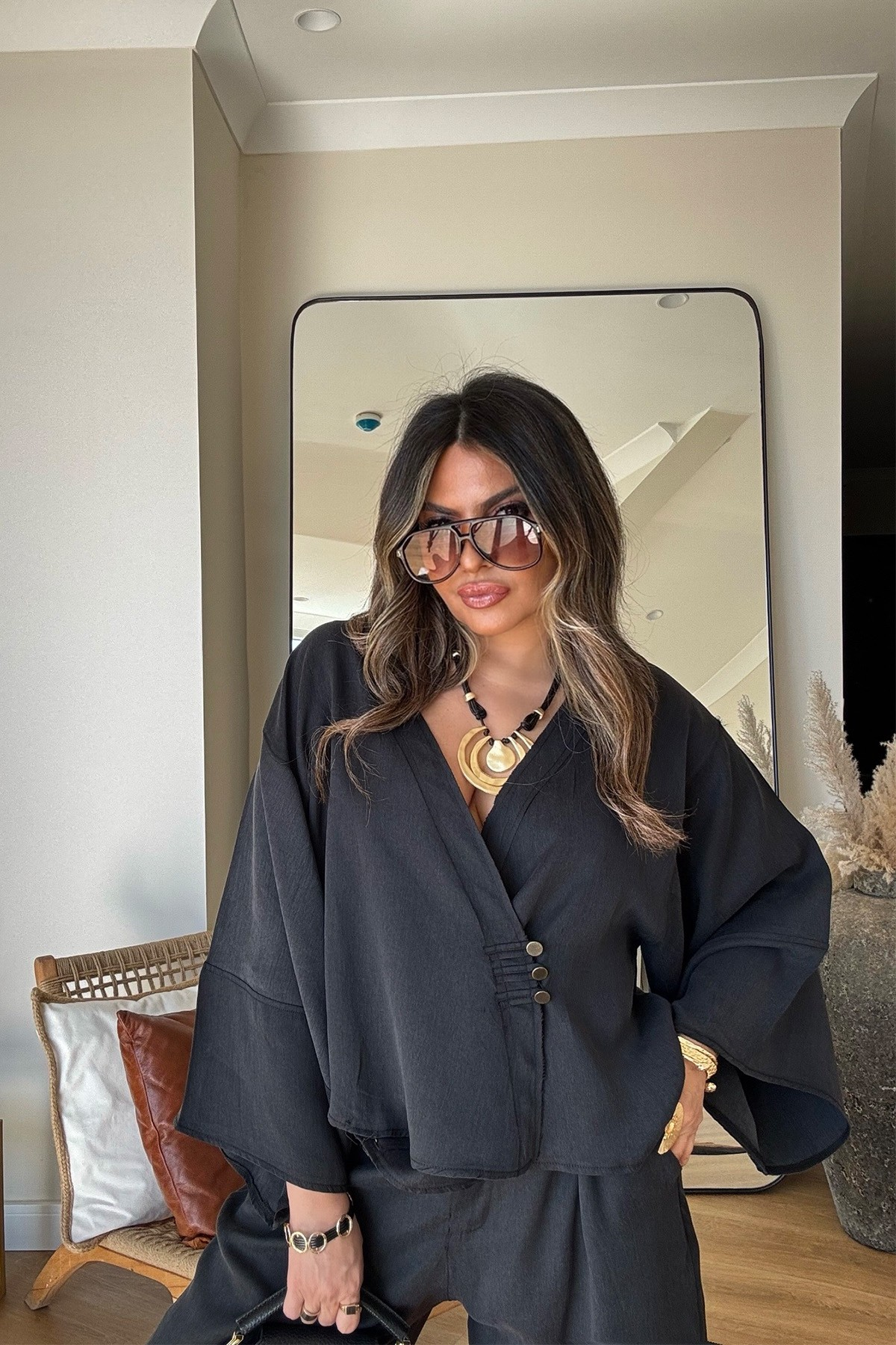 Massi Model Yıkamalı Kimono Model Takım Siyah