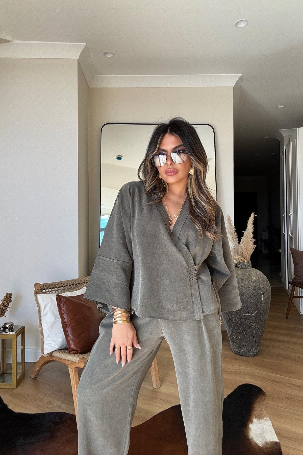 Massi Model Yıkamalı Kimono Model Takım Haki