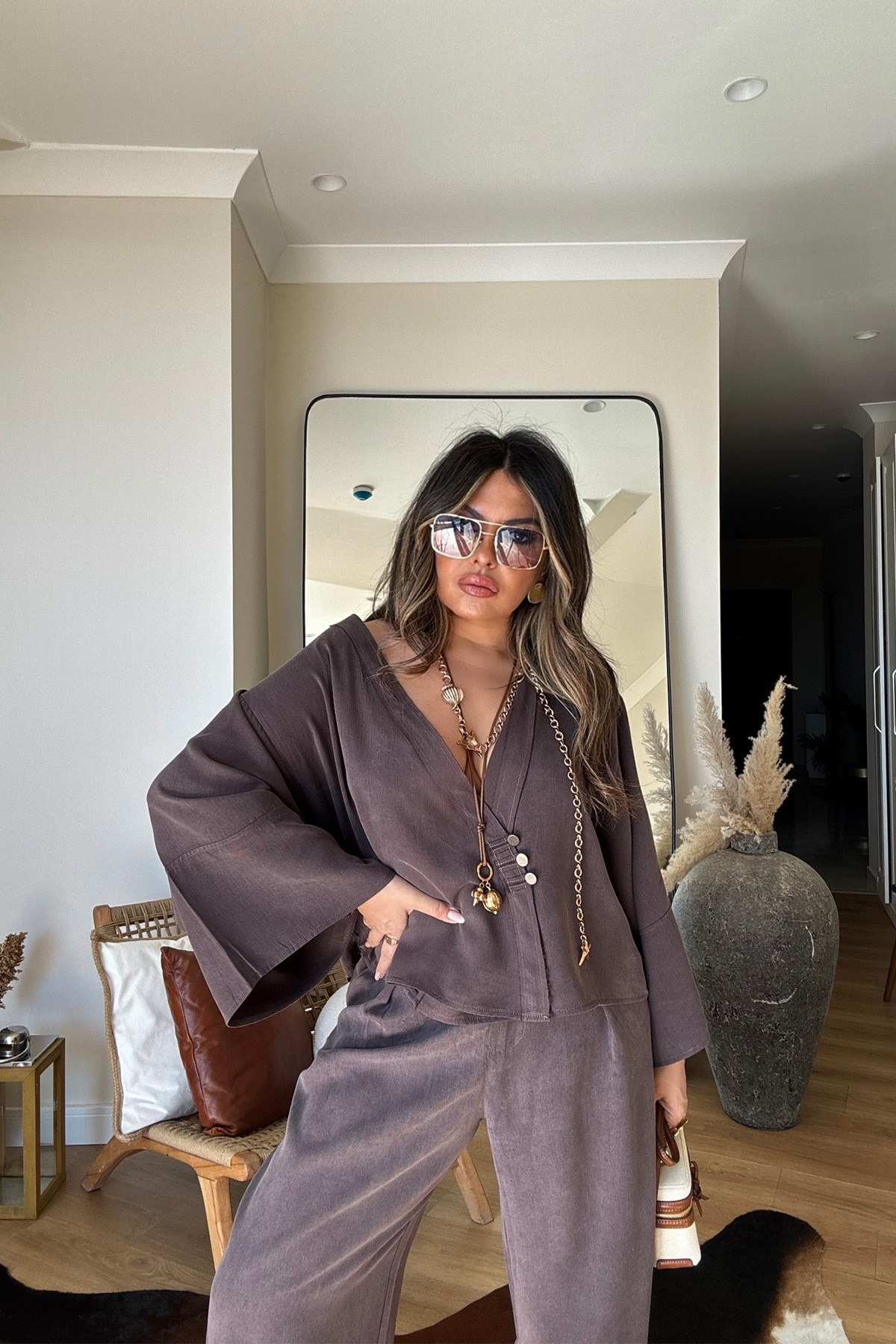 Massi Model Yıkamalı Kimono Model Takım Kahverengi