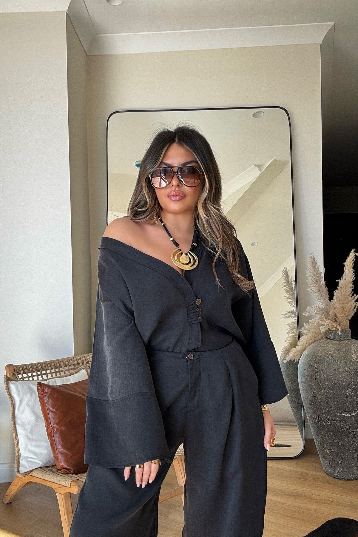 Massi Model Yıkamalı Kimono Model Takım Siyah