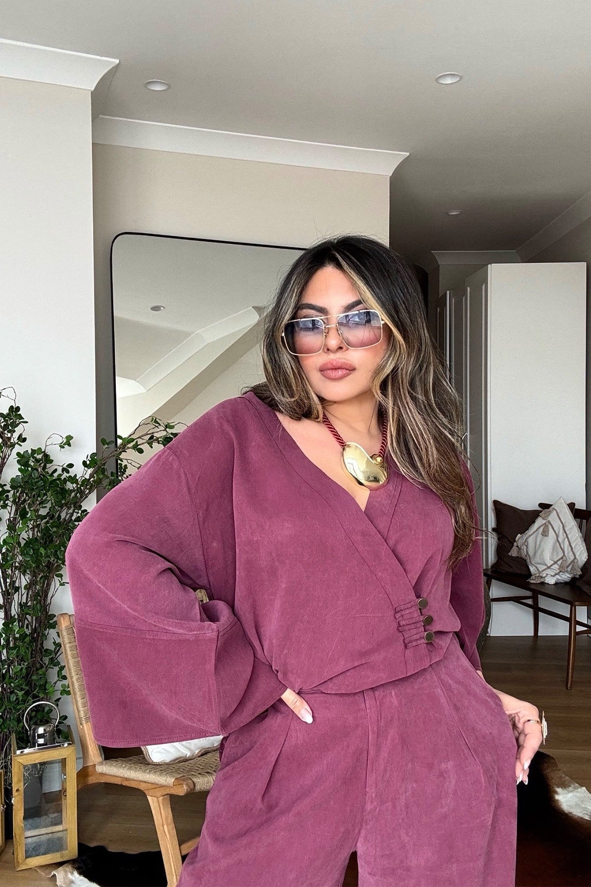 Massi Model Yıkamalı Kimono Model Takım Bordo