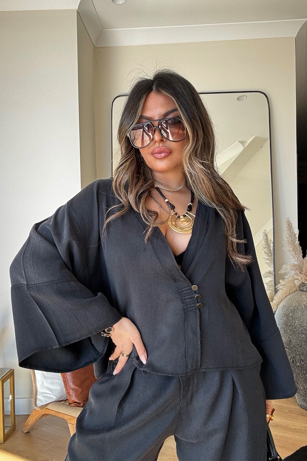 Massi Model Yıkamalı Kimono Model Takım Siyah