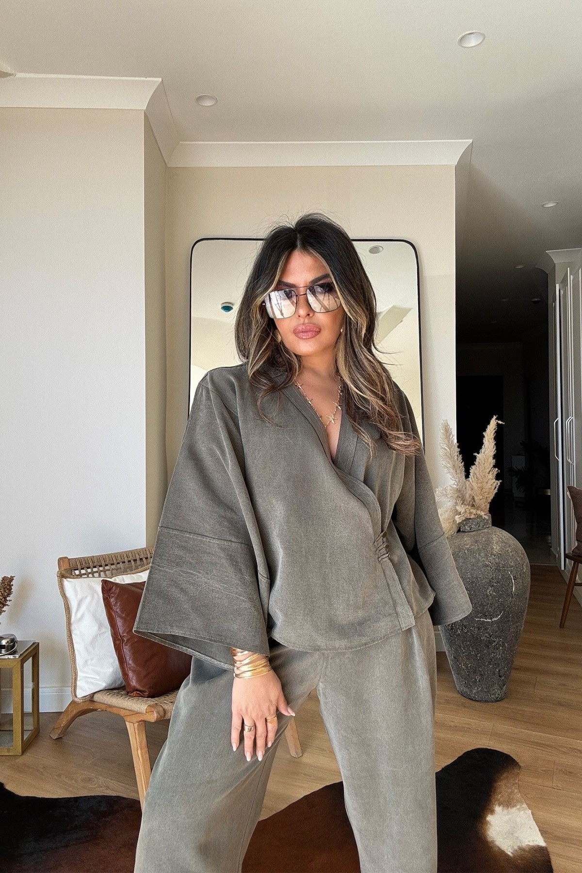 Massi Model Yıkamalı Kimono Model Takım Haki