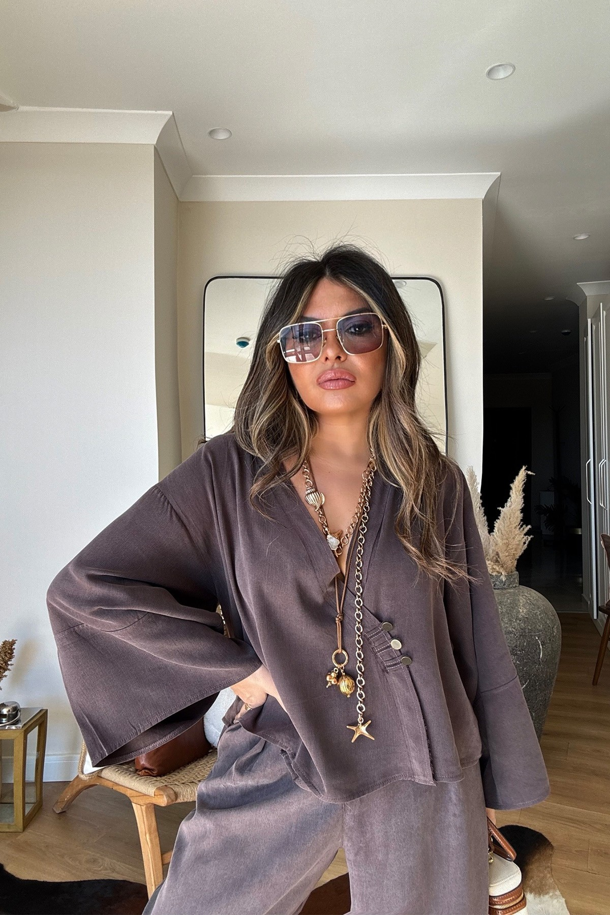 Massi Model Yıkamalı Kimono Model Takım Kahverengi