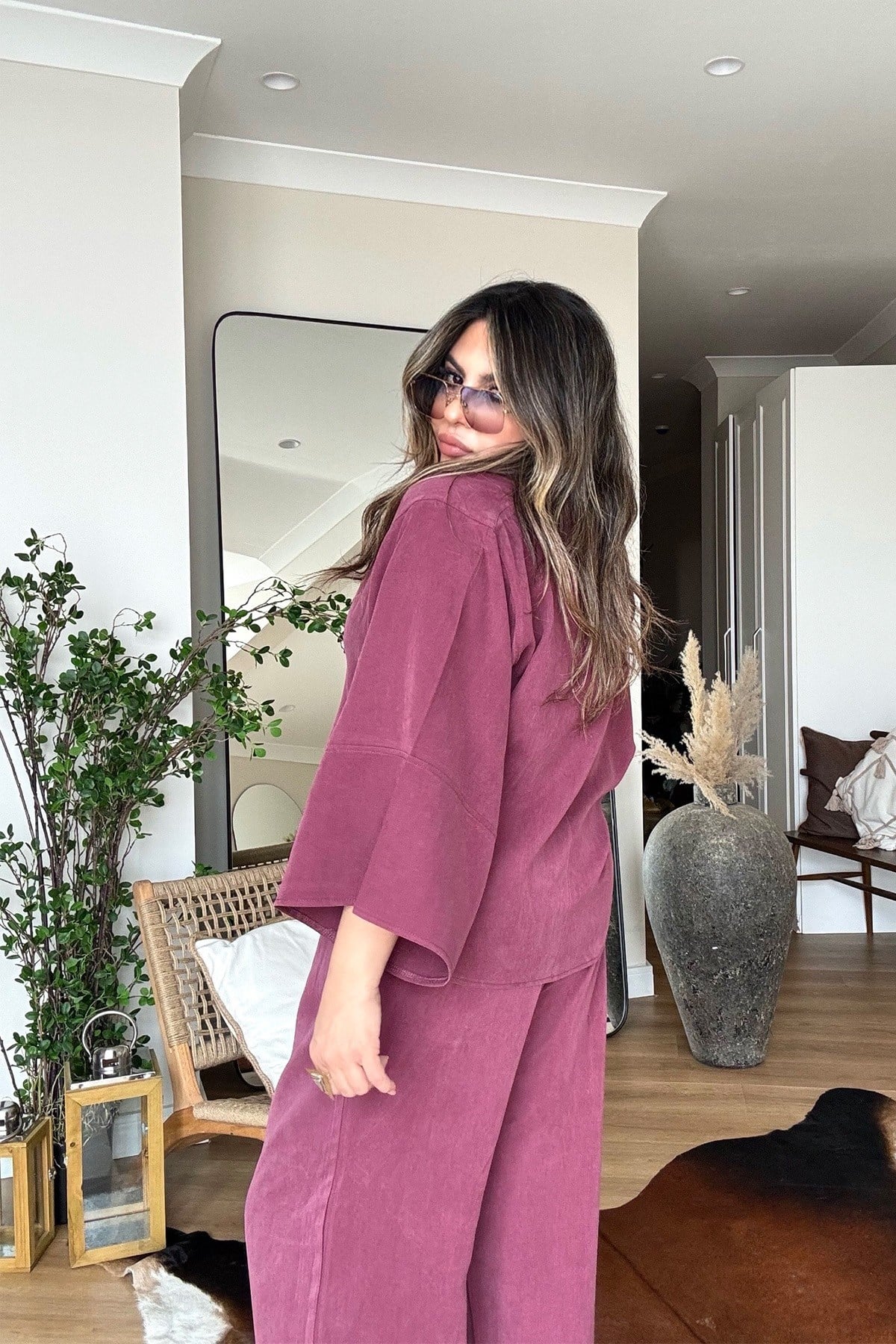 Massi Model Yıkamalı Kimono Model Takım Bordo
