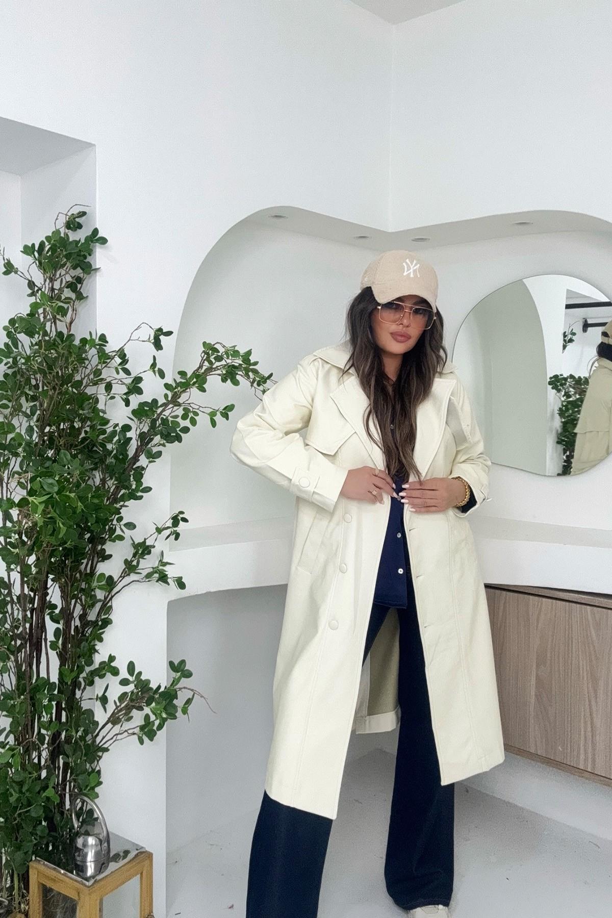 Mat Deri Trenchcoat Ekru