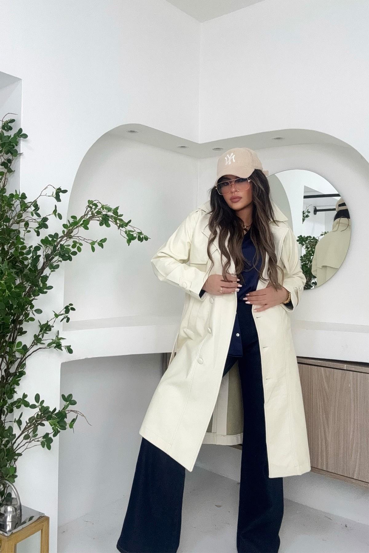 Mat Deri Trenchcoat Ekru