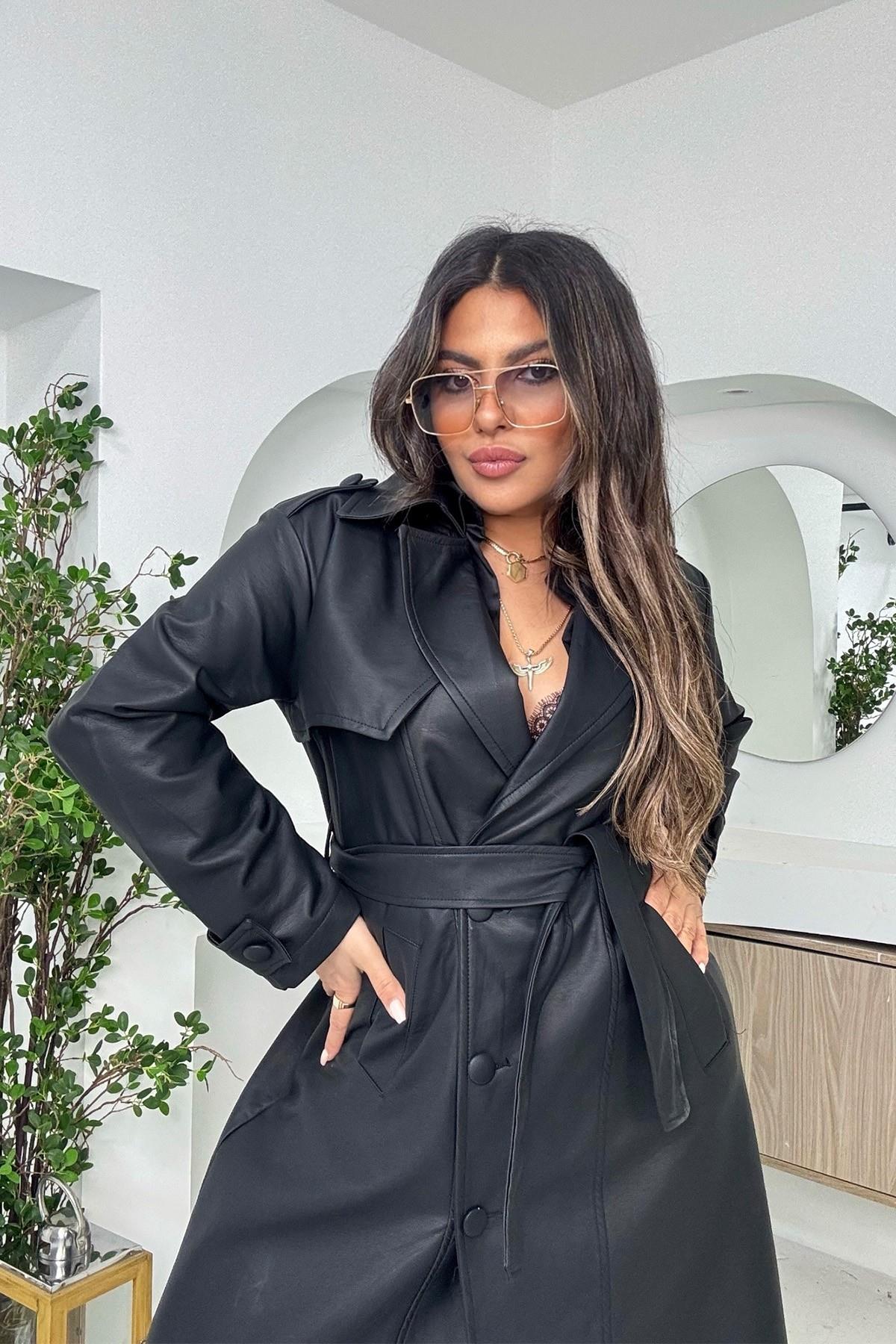 Mat Deri Trenchcoat Siyah