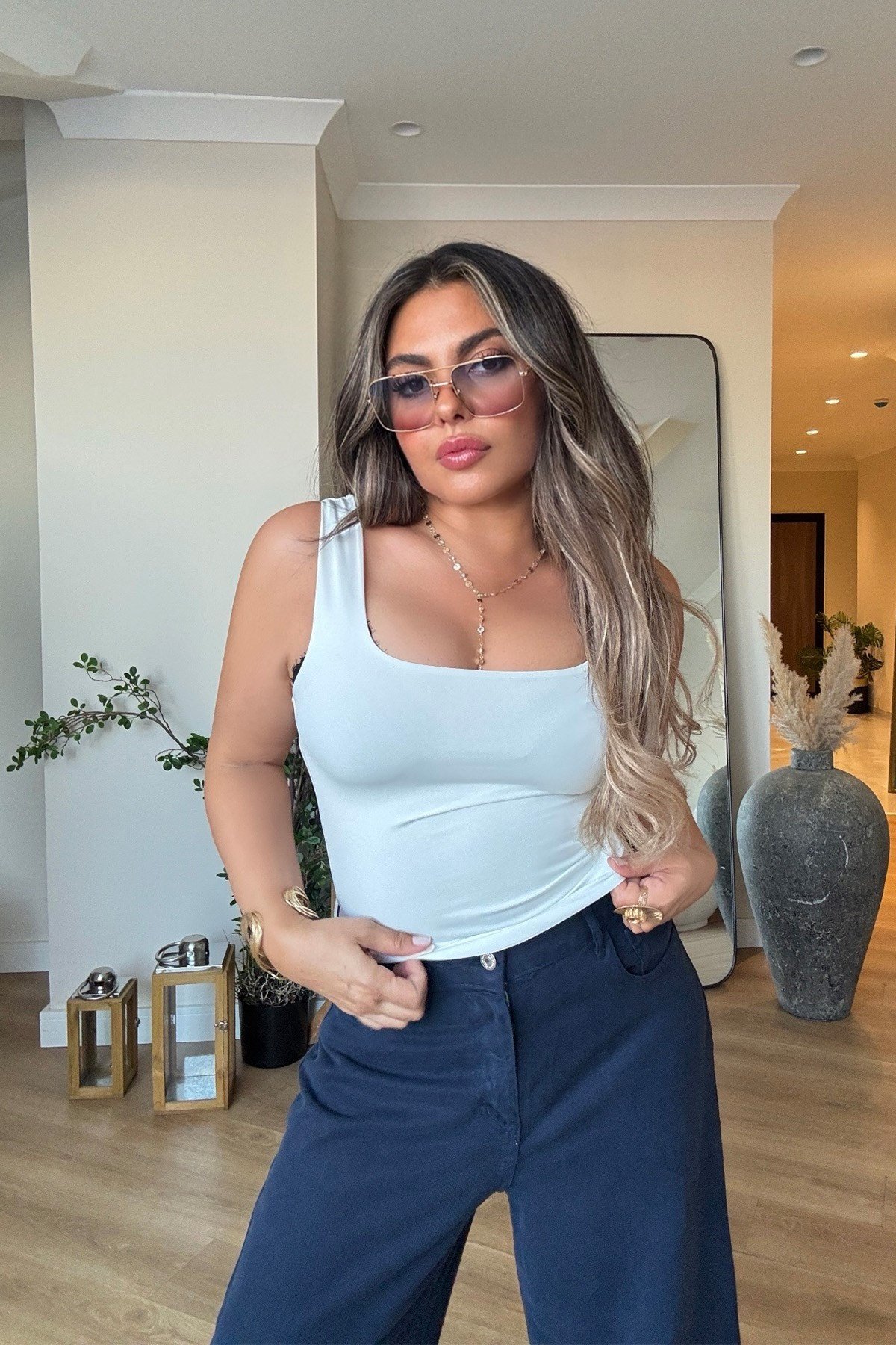 Mayo Kumaş Kare Yaka Kısa Atlet Ekru