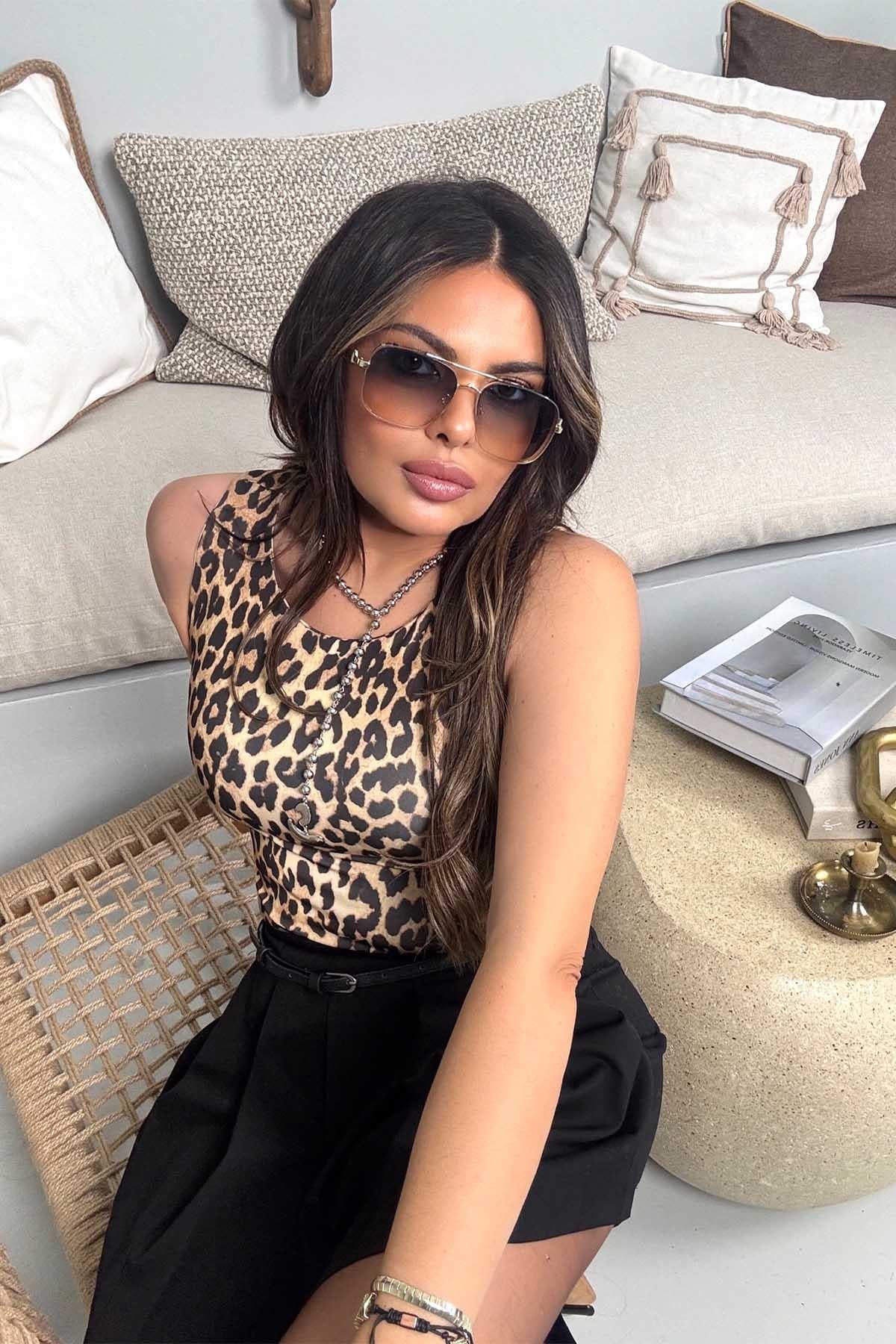 Mayo Kumaş Kolsuz Bodysuit Leopar