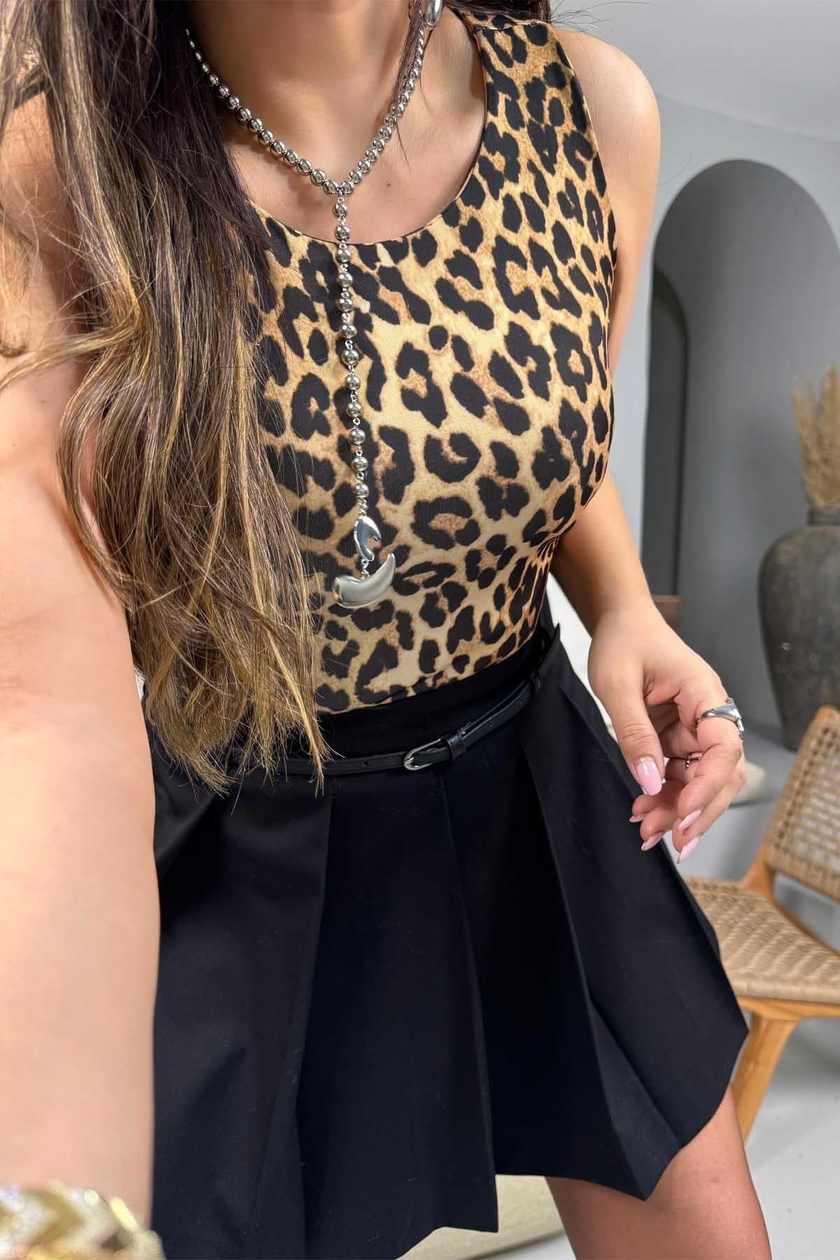 Mayo Kumaş Kolsuz Bodysuit Leopar