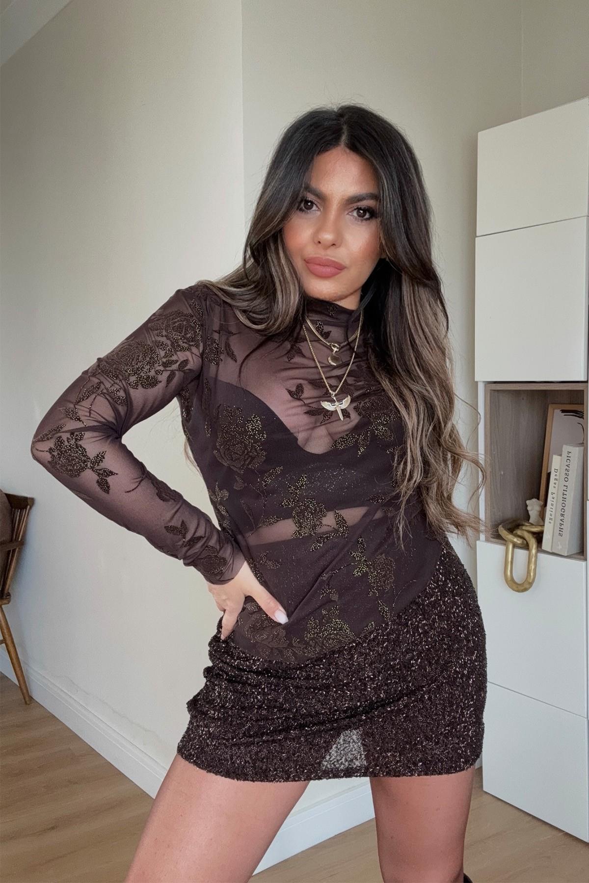 Micro Payet Ve Boncuklu Etek Acı Kahve