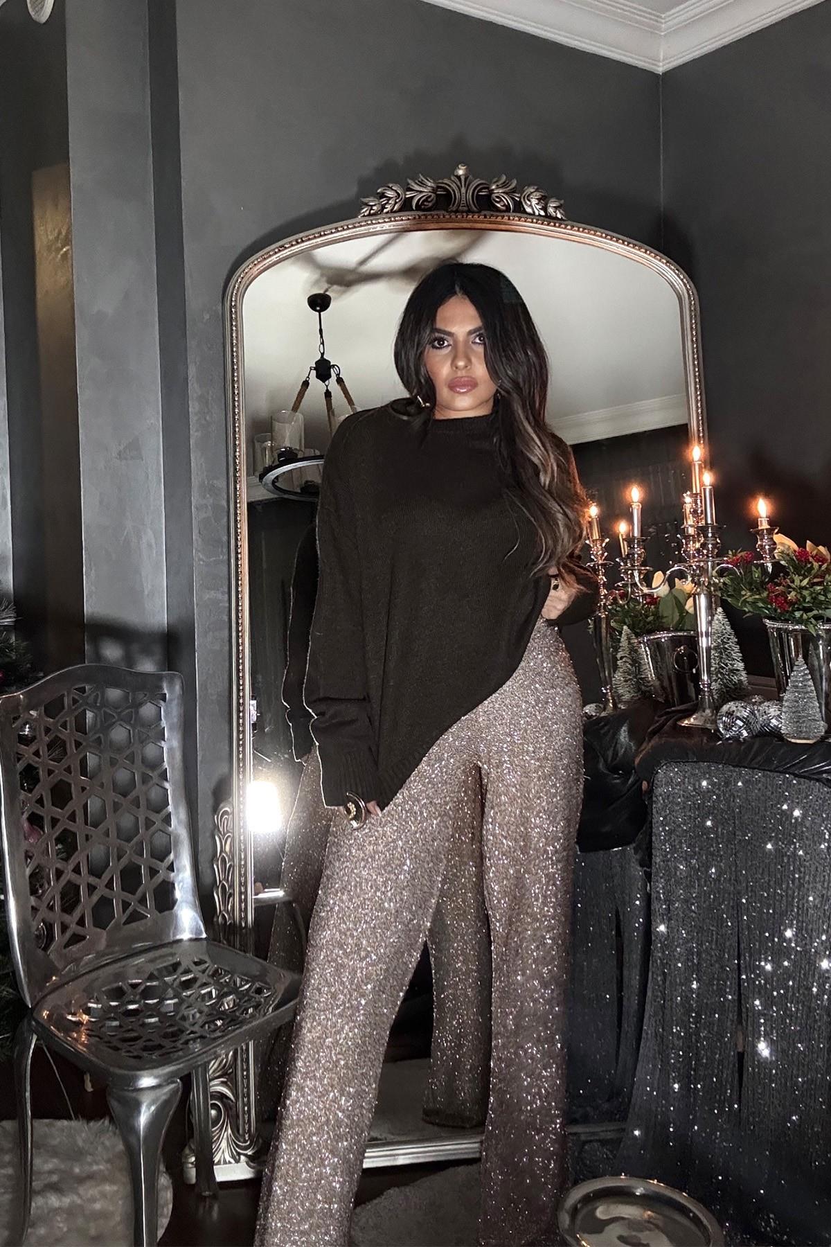 Micro Payet Ve Boncuklu Pantolon Gold