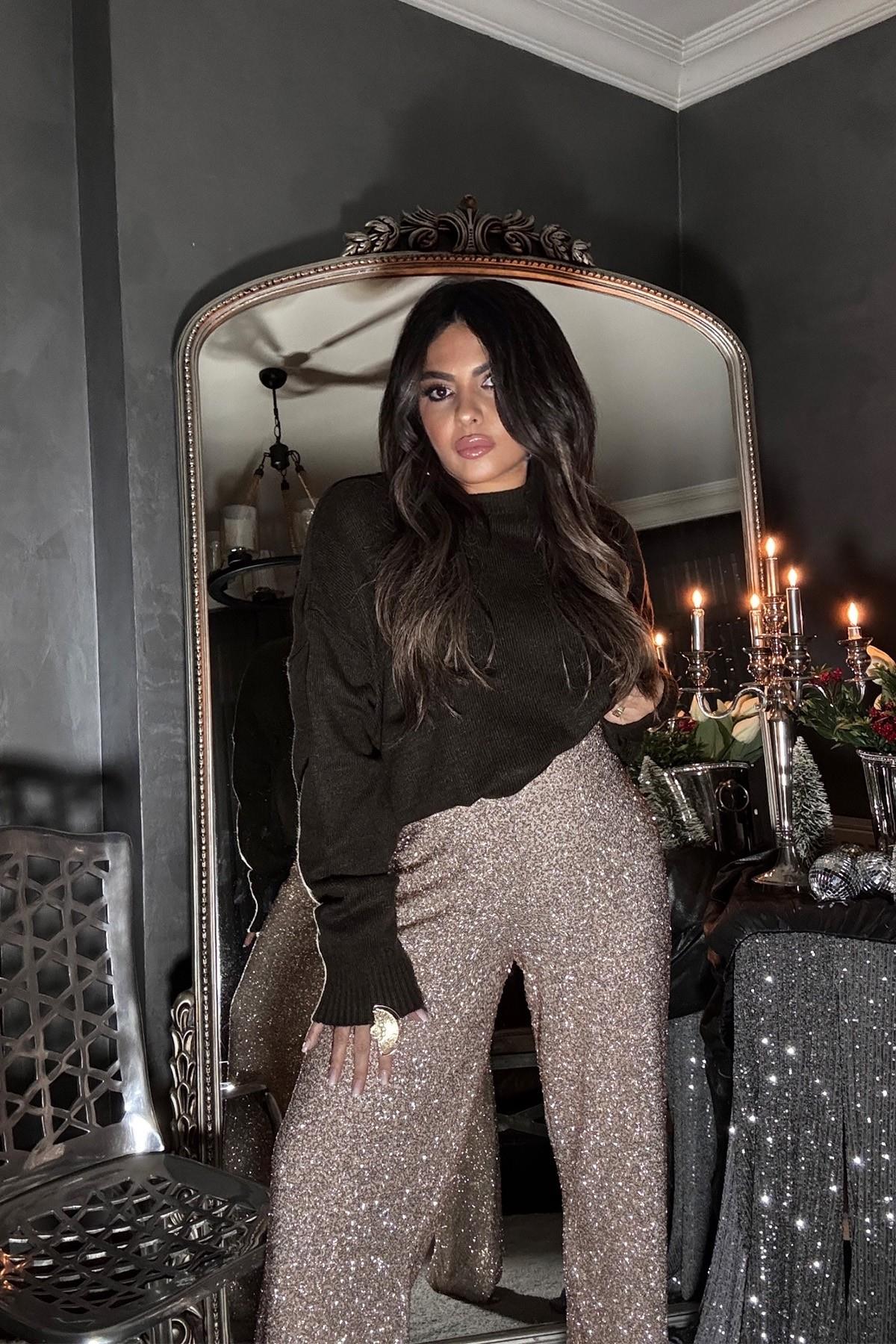 Micro Payet Ve Boncuklu Pantolon Gold