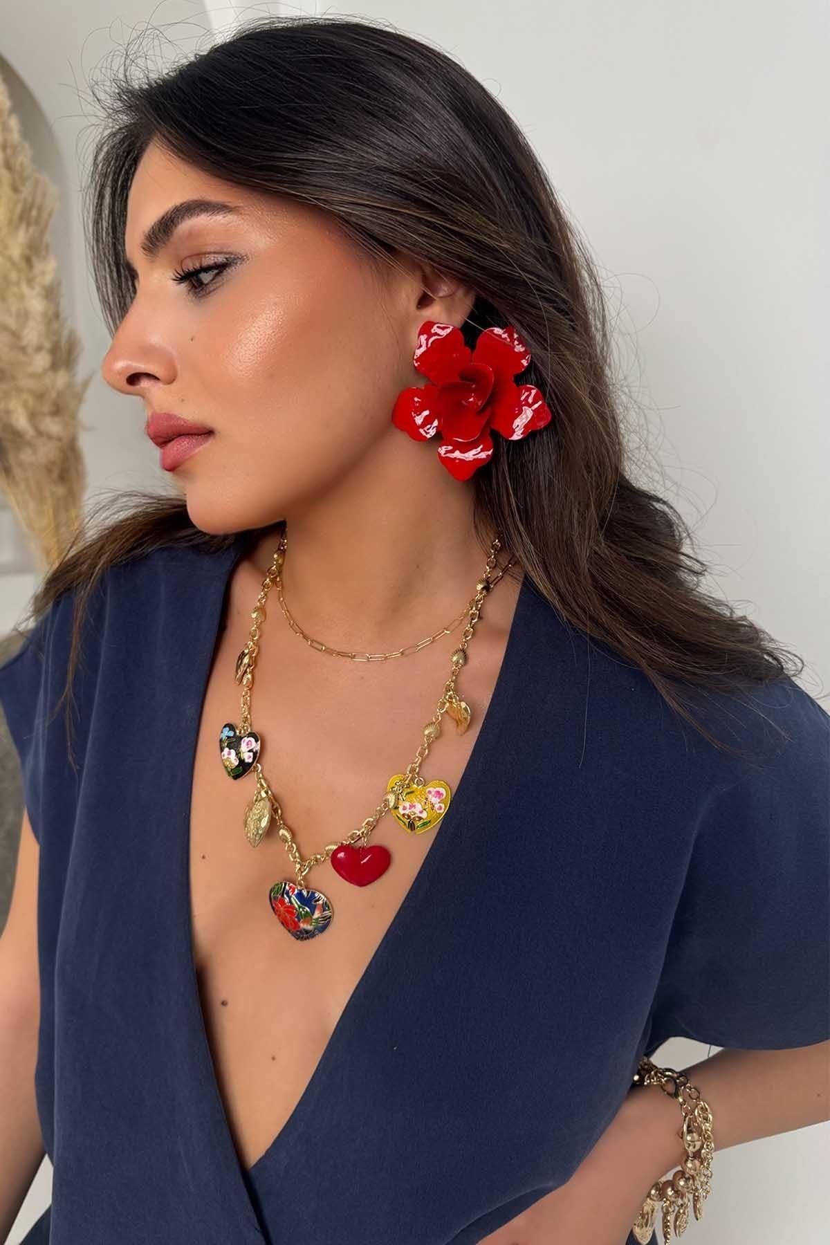 Mineli Çiçek Küpe Kırmızı