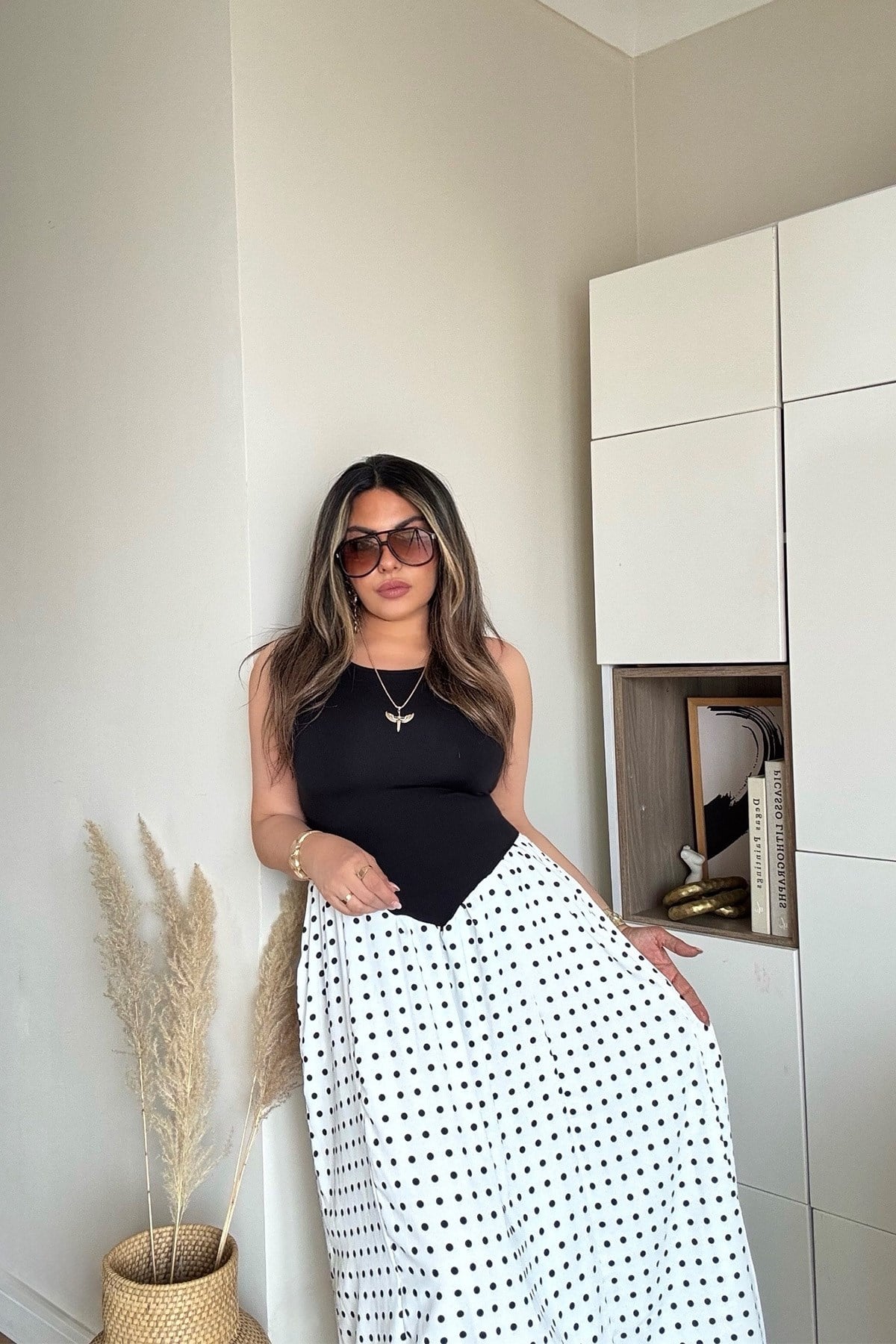 Modal Garnili Puantiyeli Elbise Beyaz