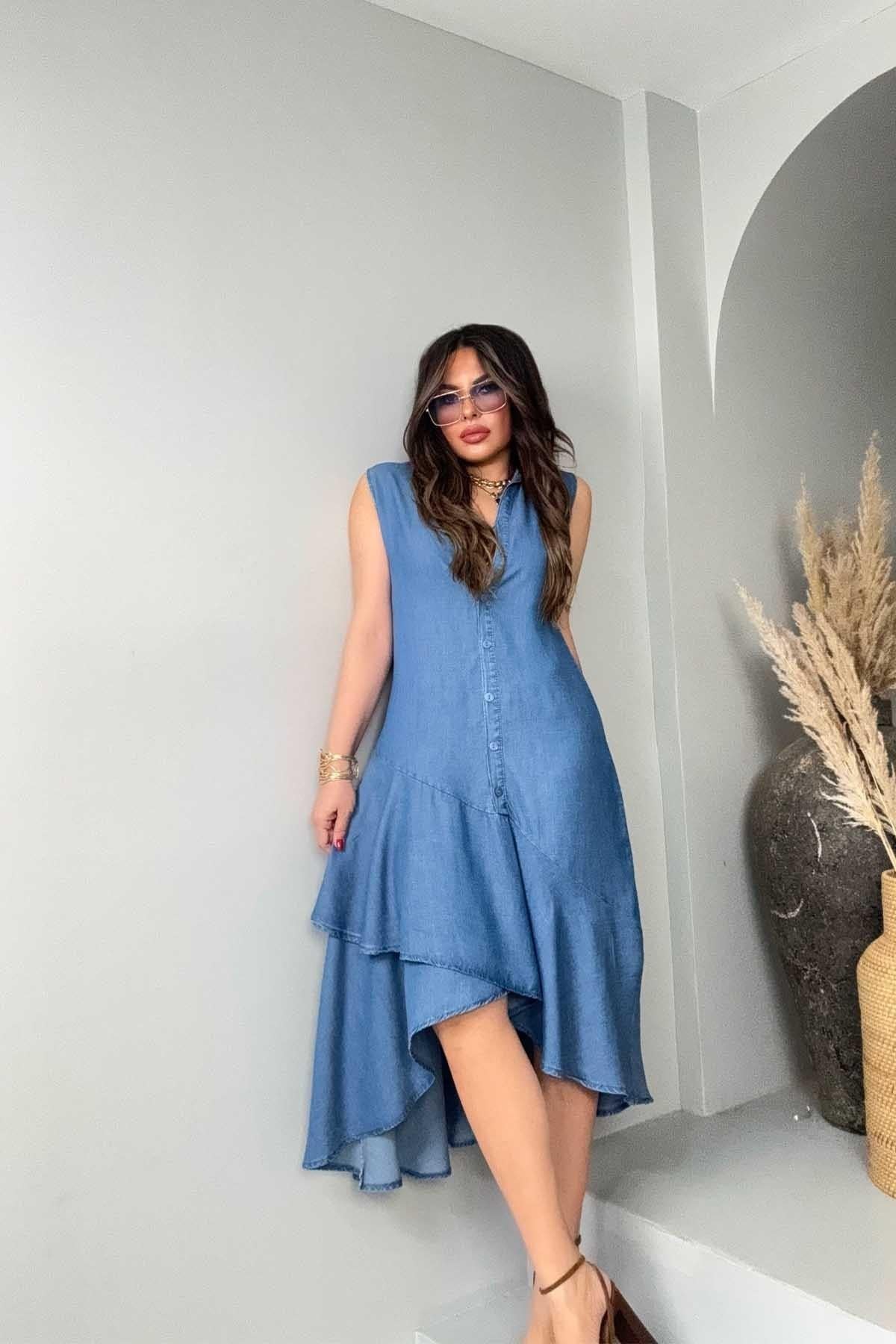 Modal Jean Kumaş Volanlı Gömlek Elbise Mavi