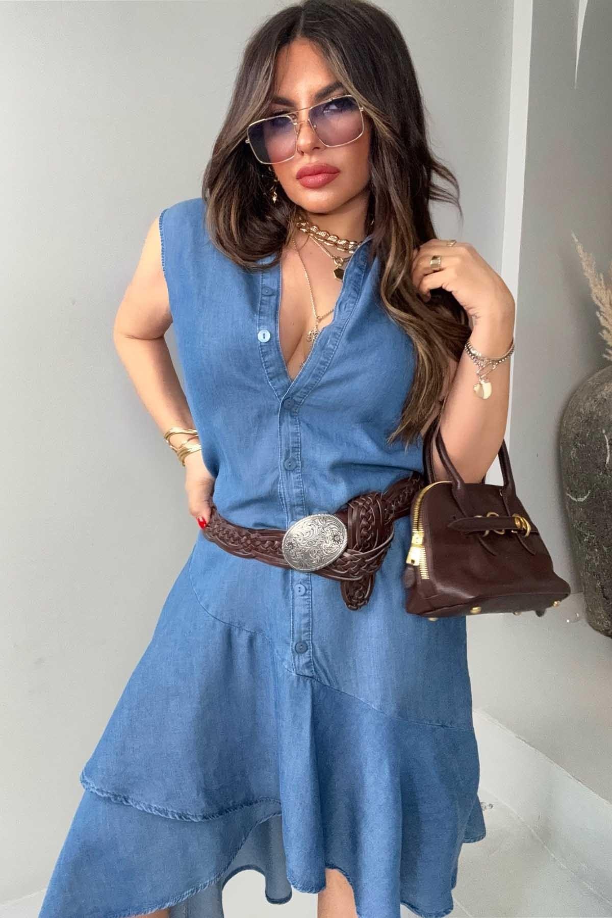 Modal Jean Kumaş Volanlı Gömlek Elbise Mavi