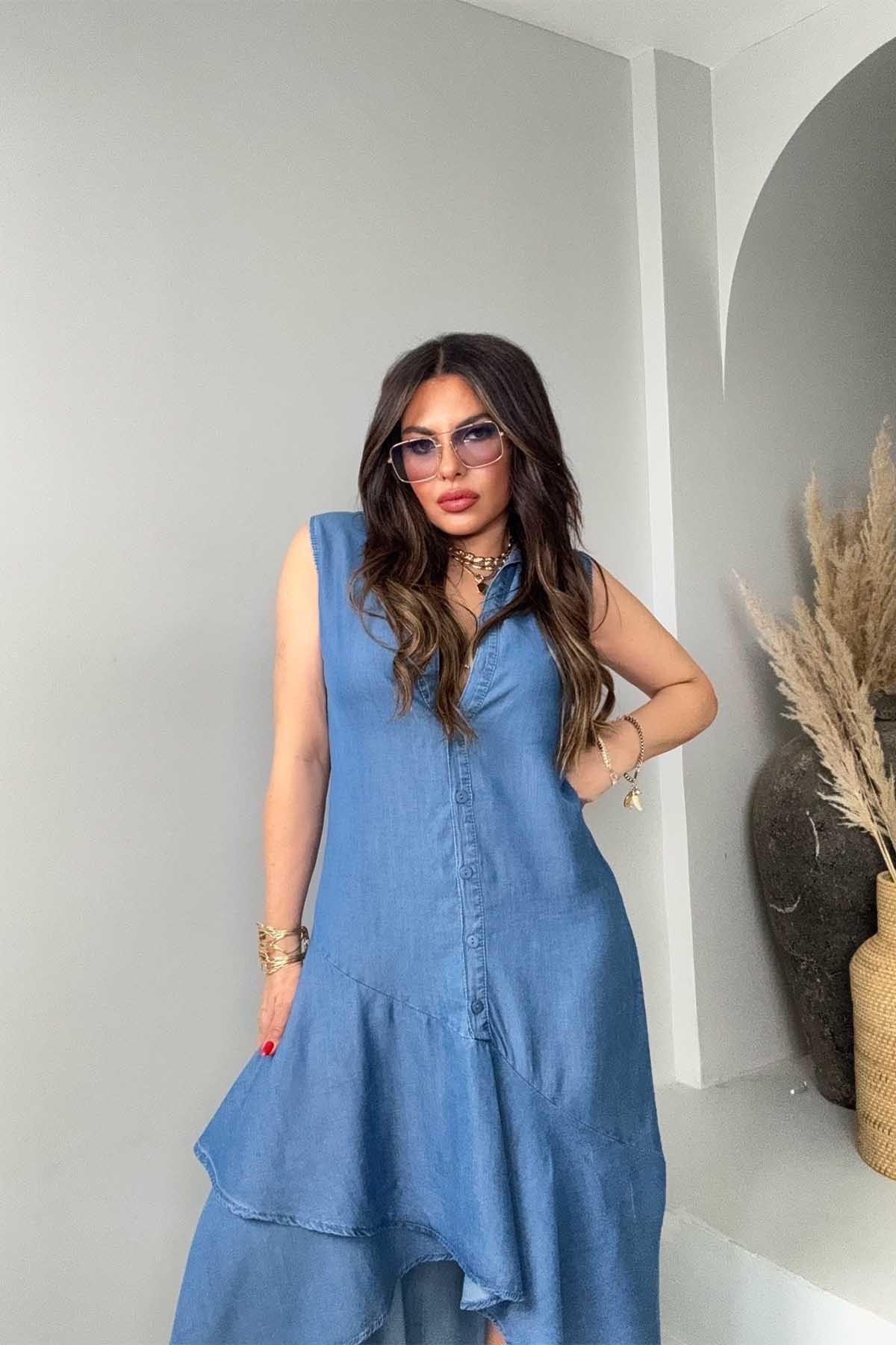 Modal Jean Kumaş Volanlı Gömlek Elbise Mavi