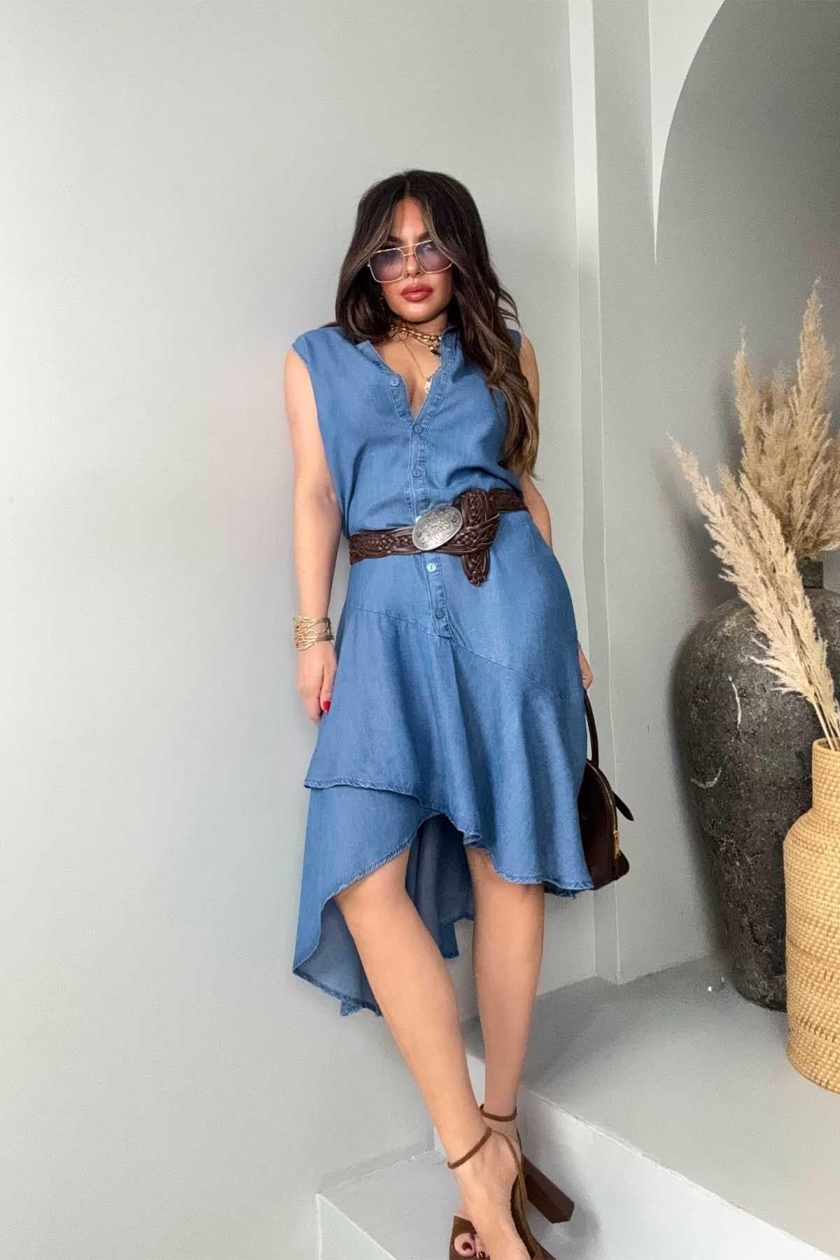 Modal Jean Kumaş Volanlı Gömlek Elbise Mavi