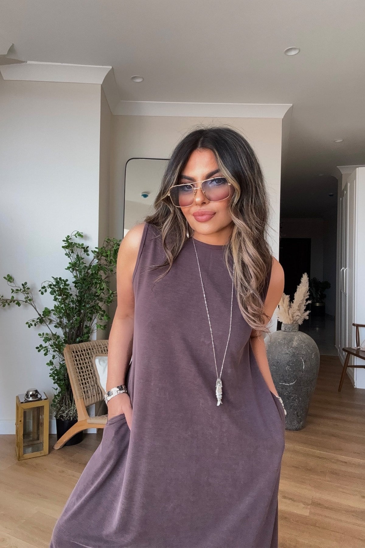 Modal Kolsuz Basic Elbise Kahve