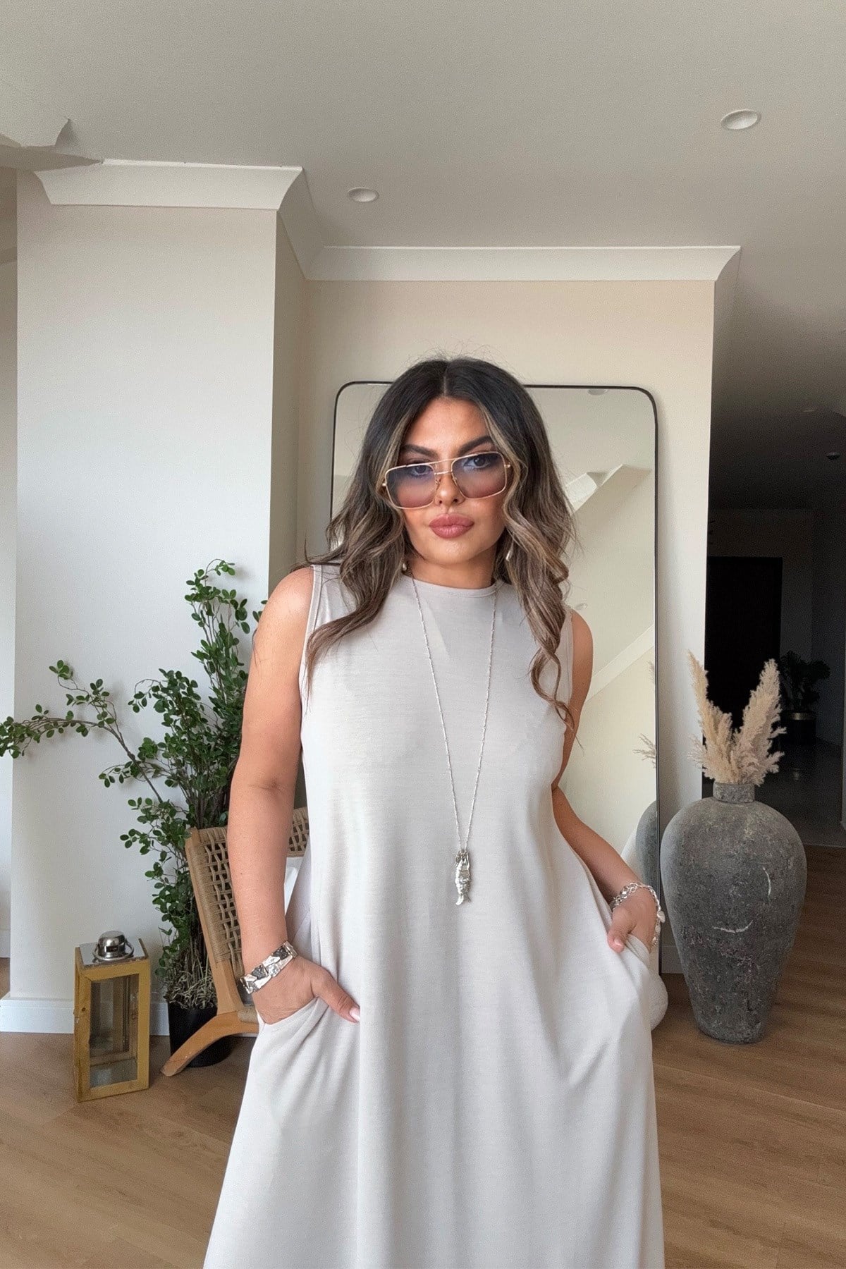 Modal Kolsuz Basic Elbise Taş