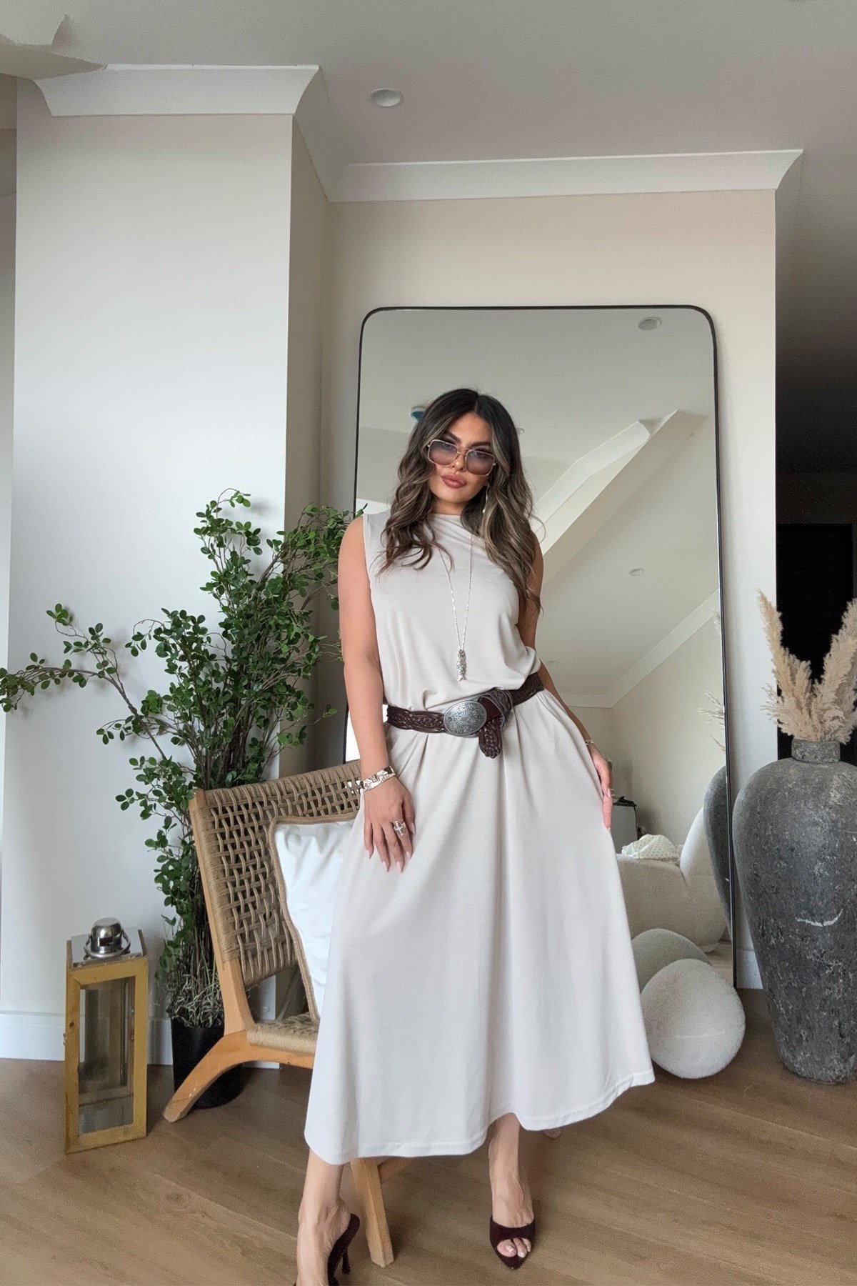 Modal Kolsuz Basic Elbise Taş