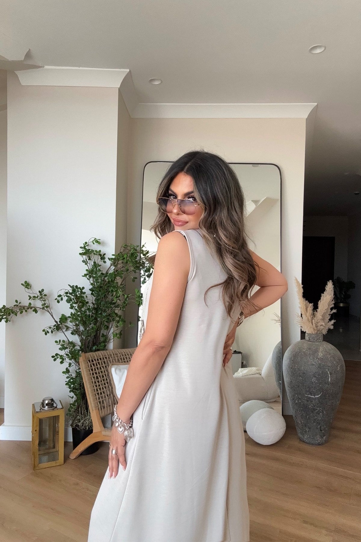 Modal Kolsuz Basic Elbise Taş