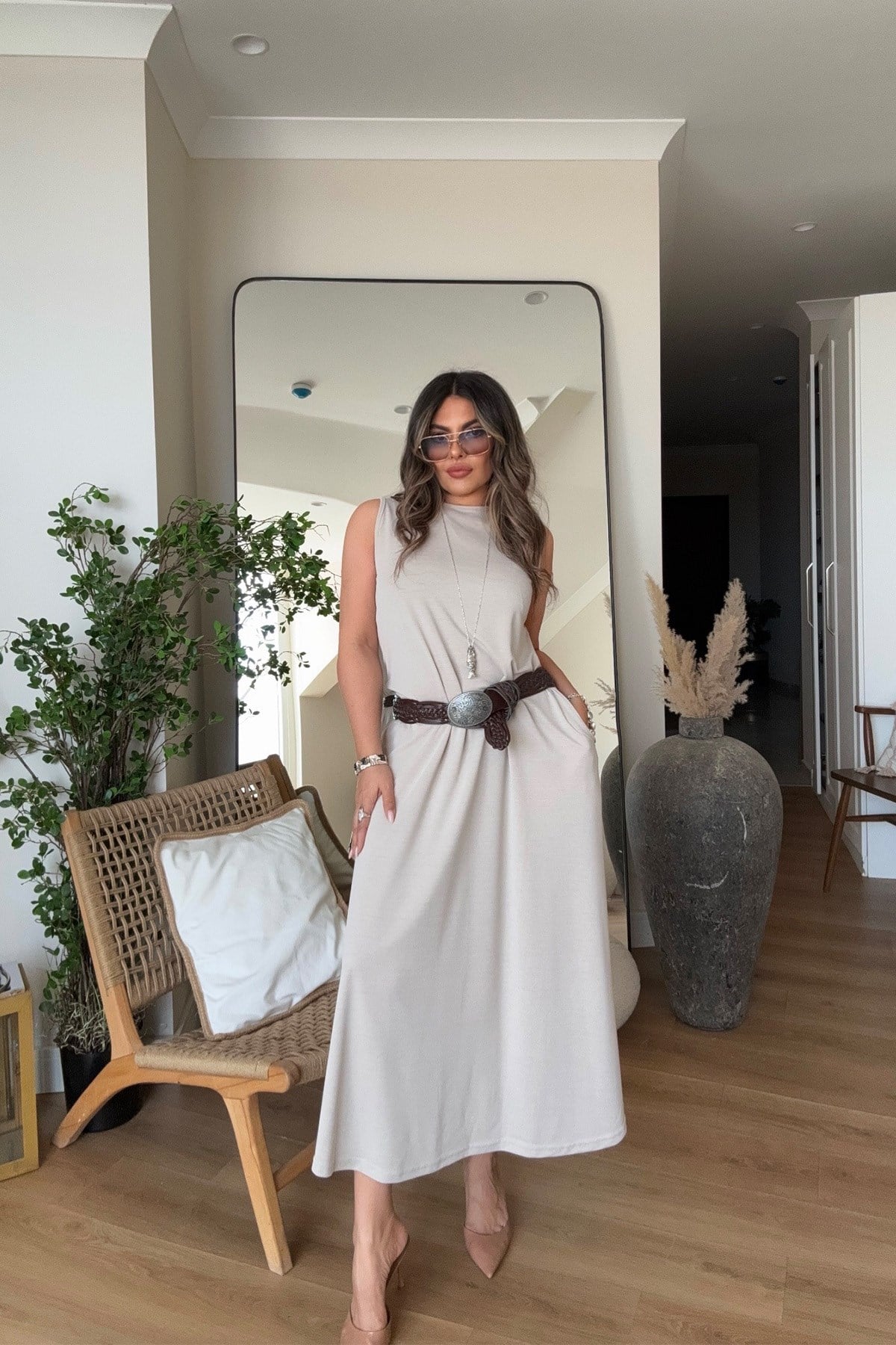 Modal Kolsuz Basic Elbise Taş