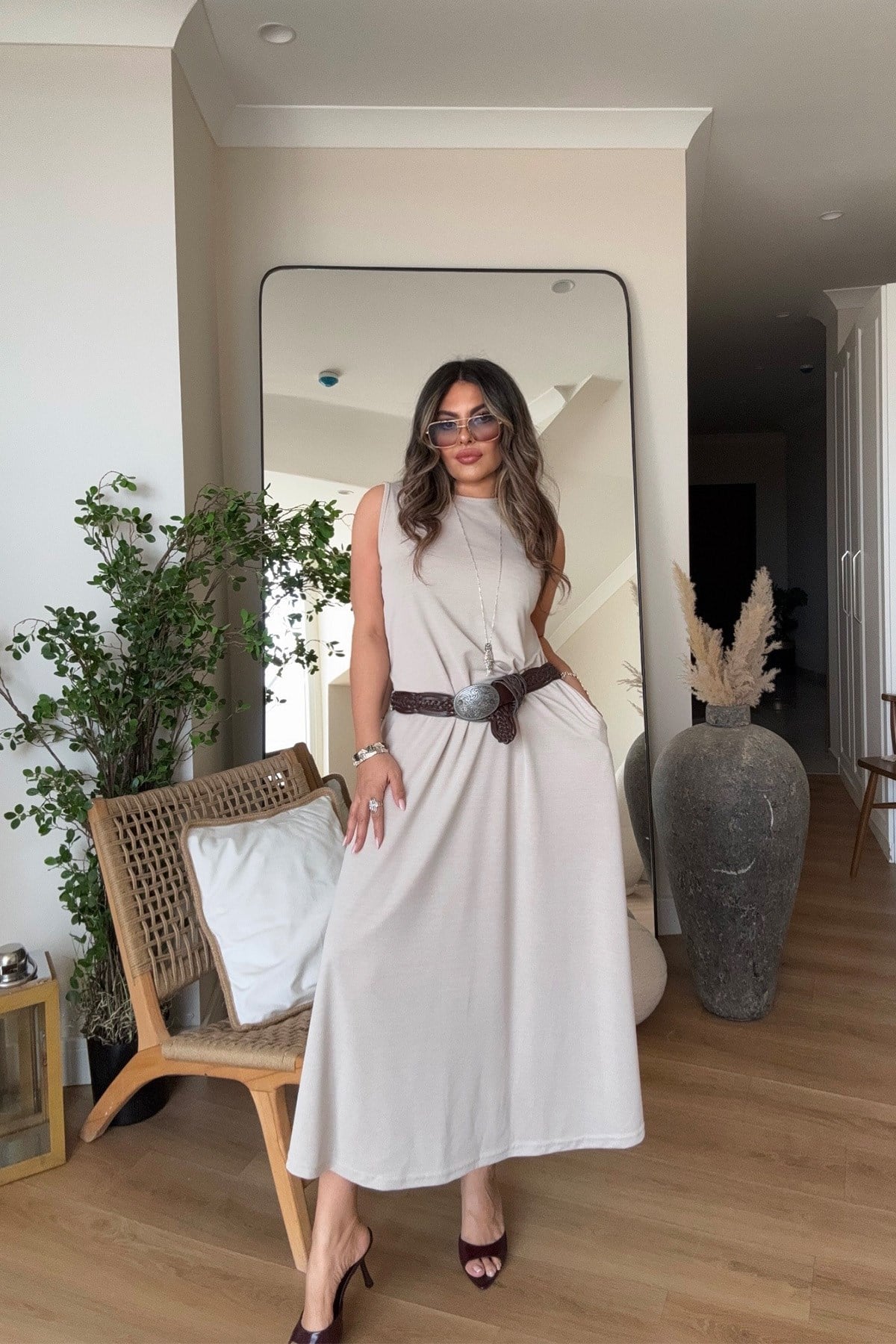 Modal Kolsuz Basic Elbise Taş