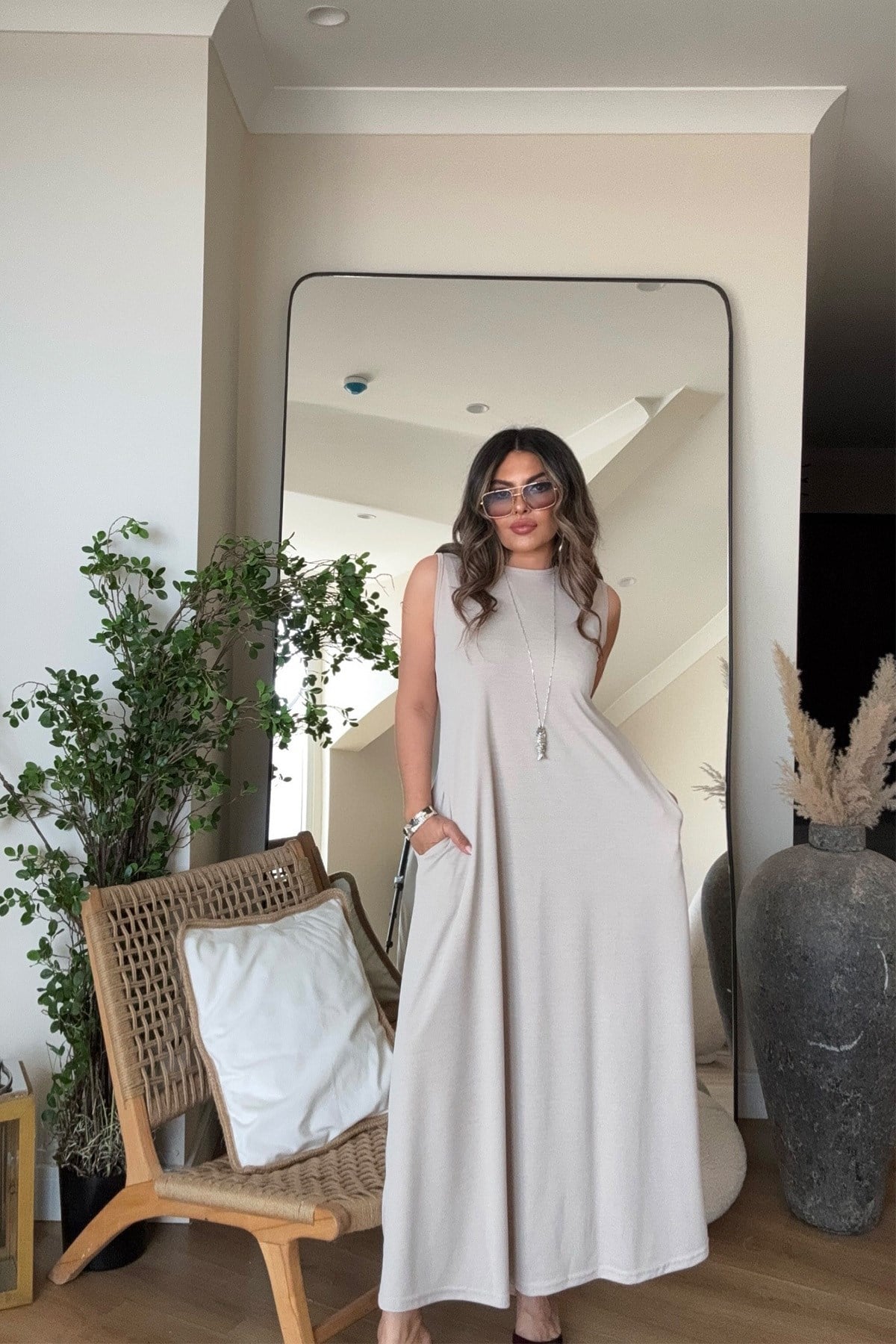 Modal Kolsuz Basic Elbise Taş