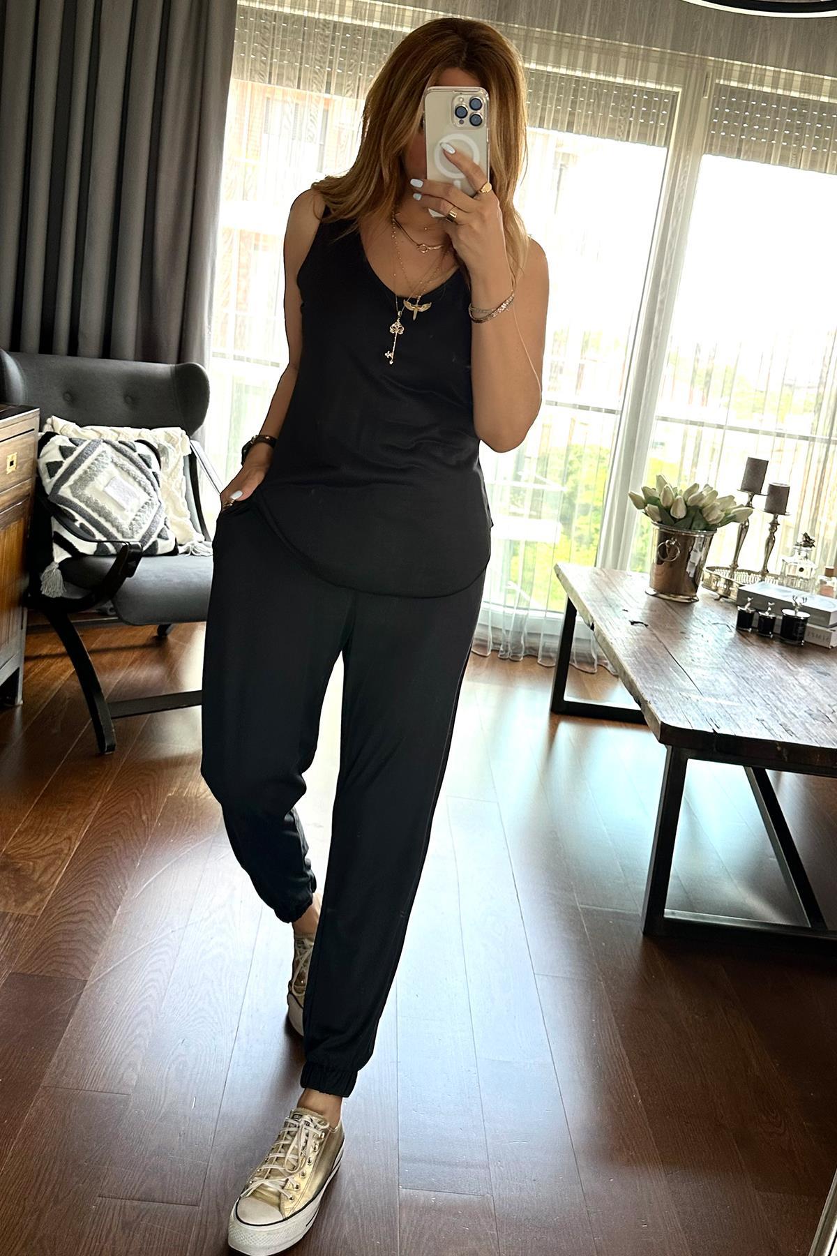Modal Kumaş Askılı Bluz Siyah