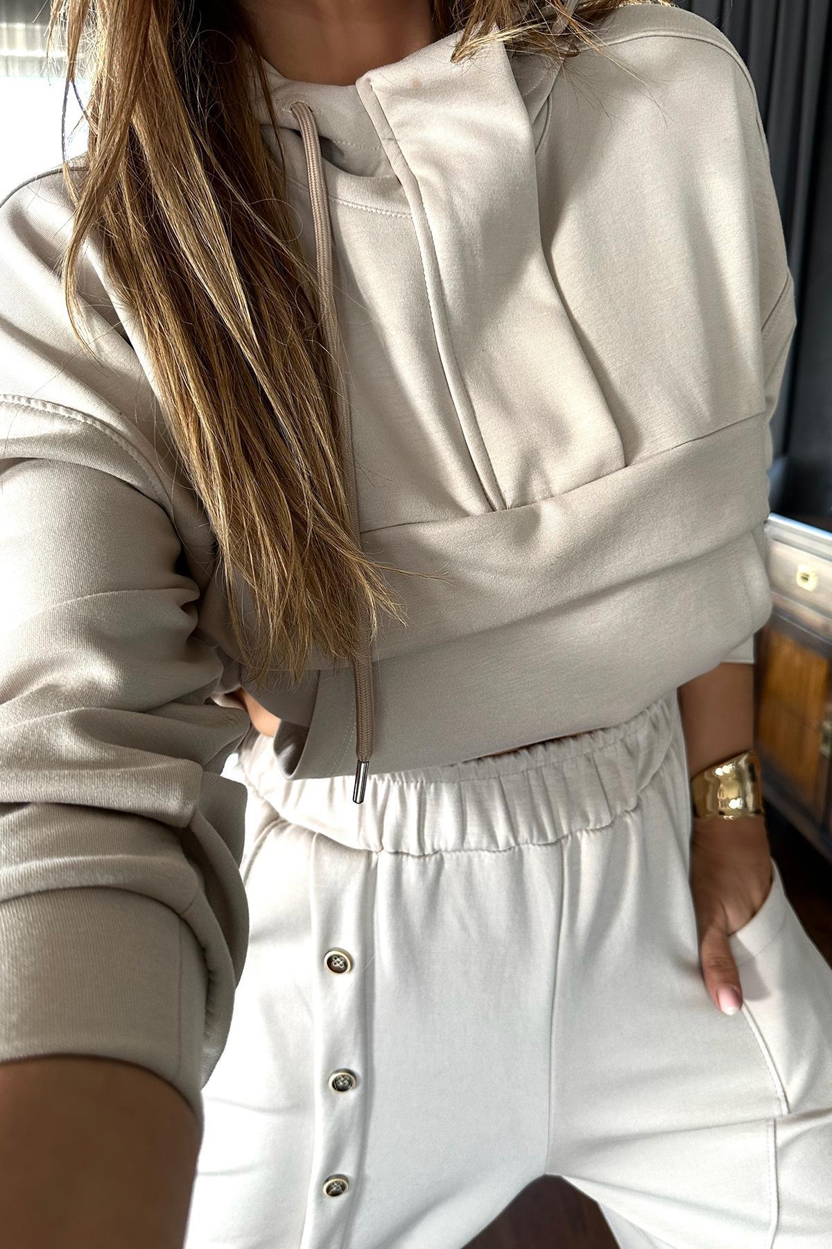 Modal Kumaş Kapüşonlu Sweat Taş