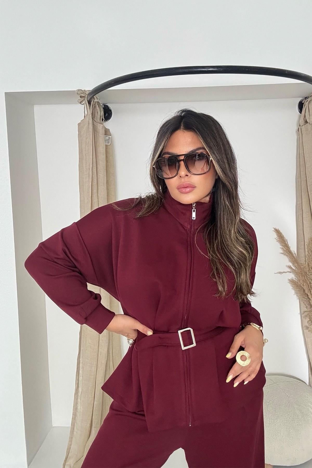 Modal Kumaş Kemerli Takım Bordo