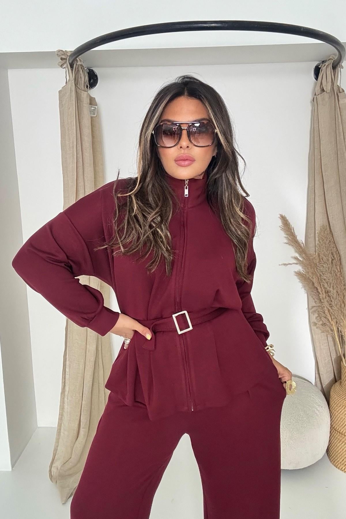 Modal Kumaş Kemerli Takım Bordo