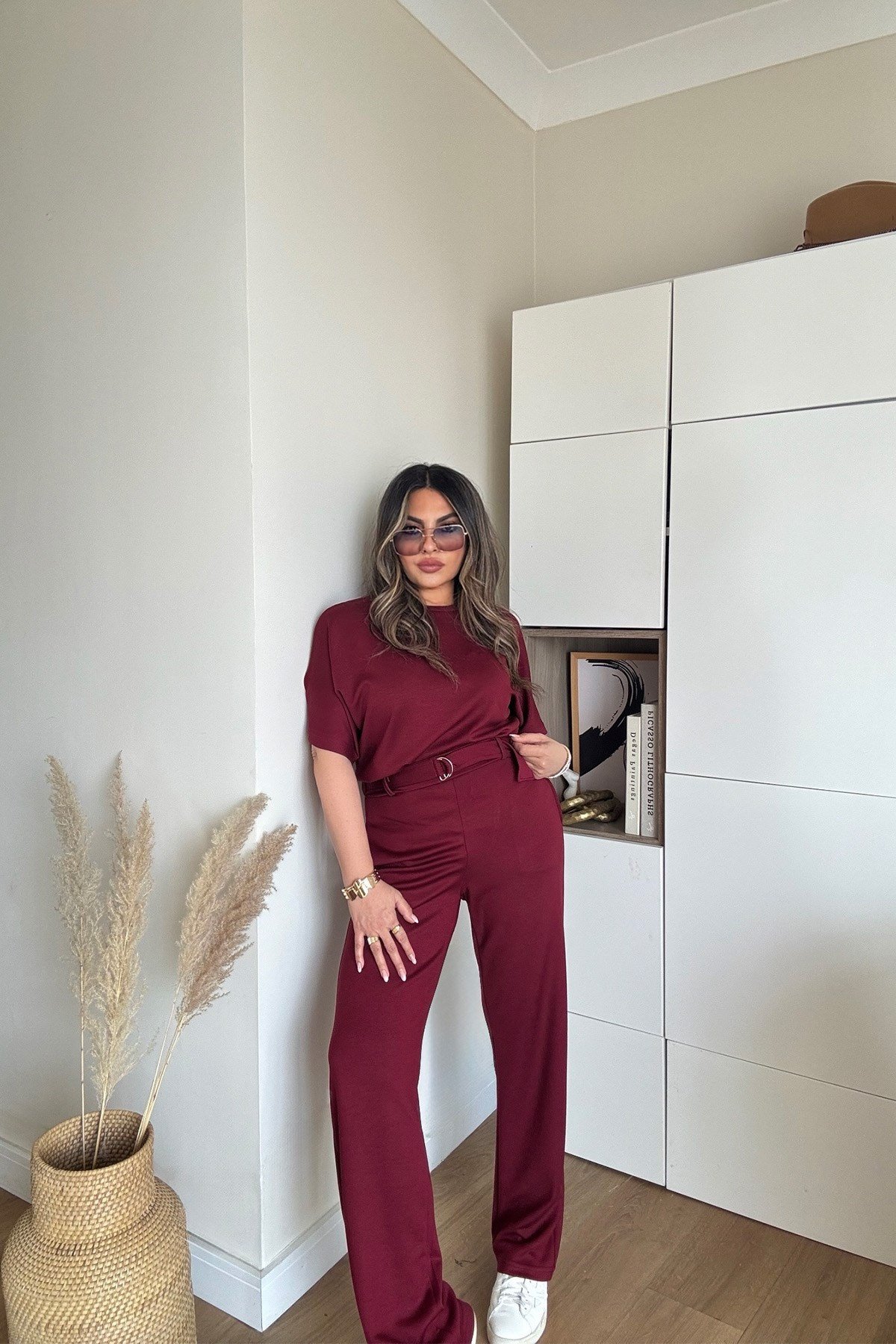 Modal Kumaş Kemerli Takım Bordo