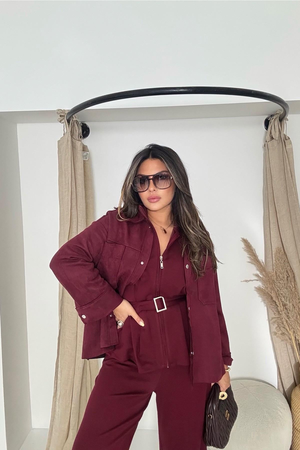 Modal Kumaş Kemerli Takım Bordo